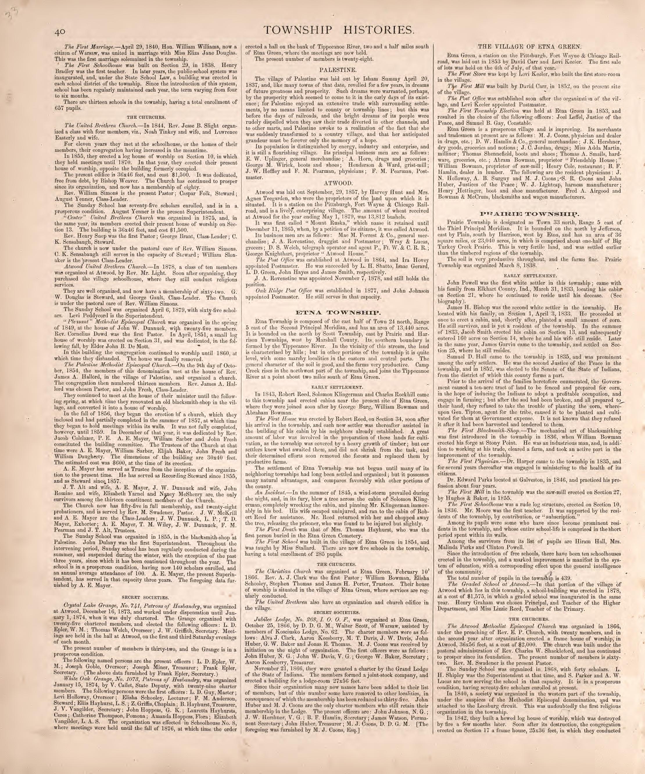 Township Histories (continued) from Combination Atlas Map of Kosciusko County, Indiana 1879 by Relic Map Company