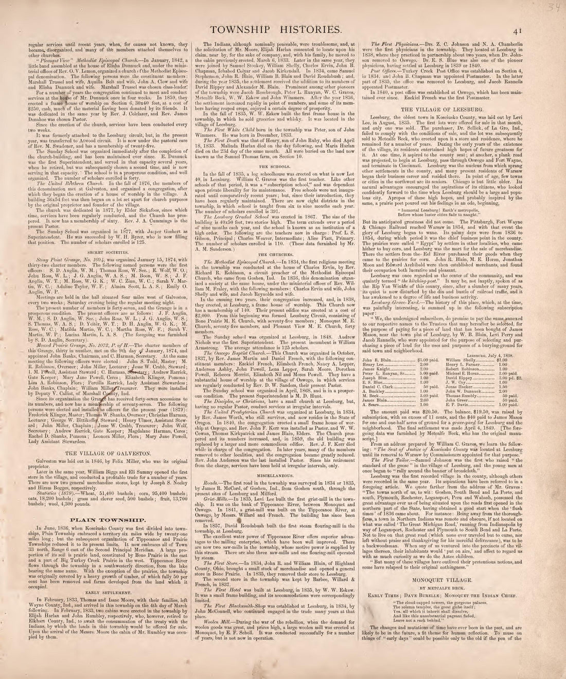Township Histories (continued) from Combination Atlas Map of Kosciusko County, Indiana 1879 by Relic Map Company