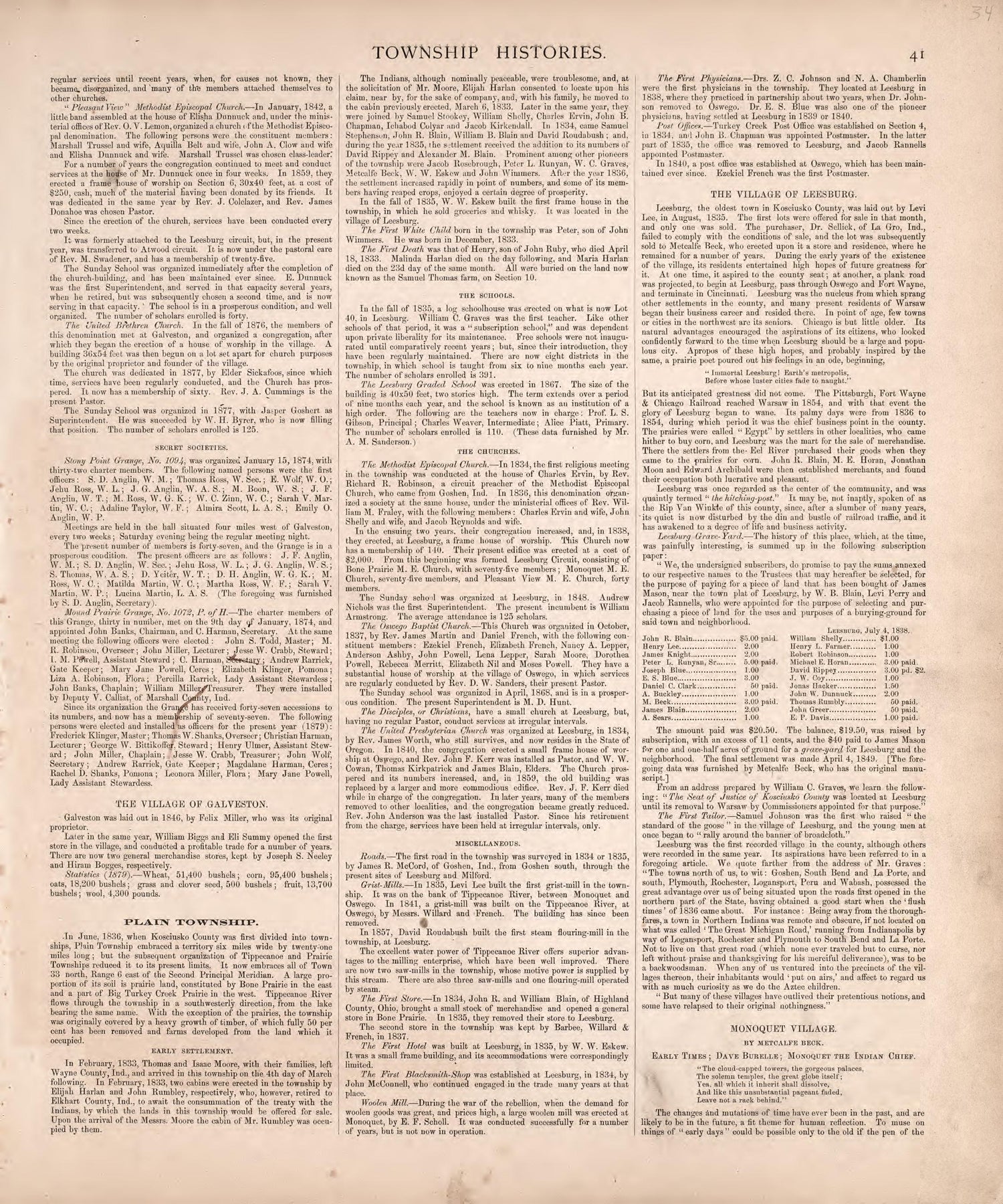 Township Histories (continued) from Combination Atlas Map of Kosciusko County, Indiana 1879 by Relic Map Company