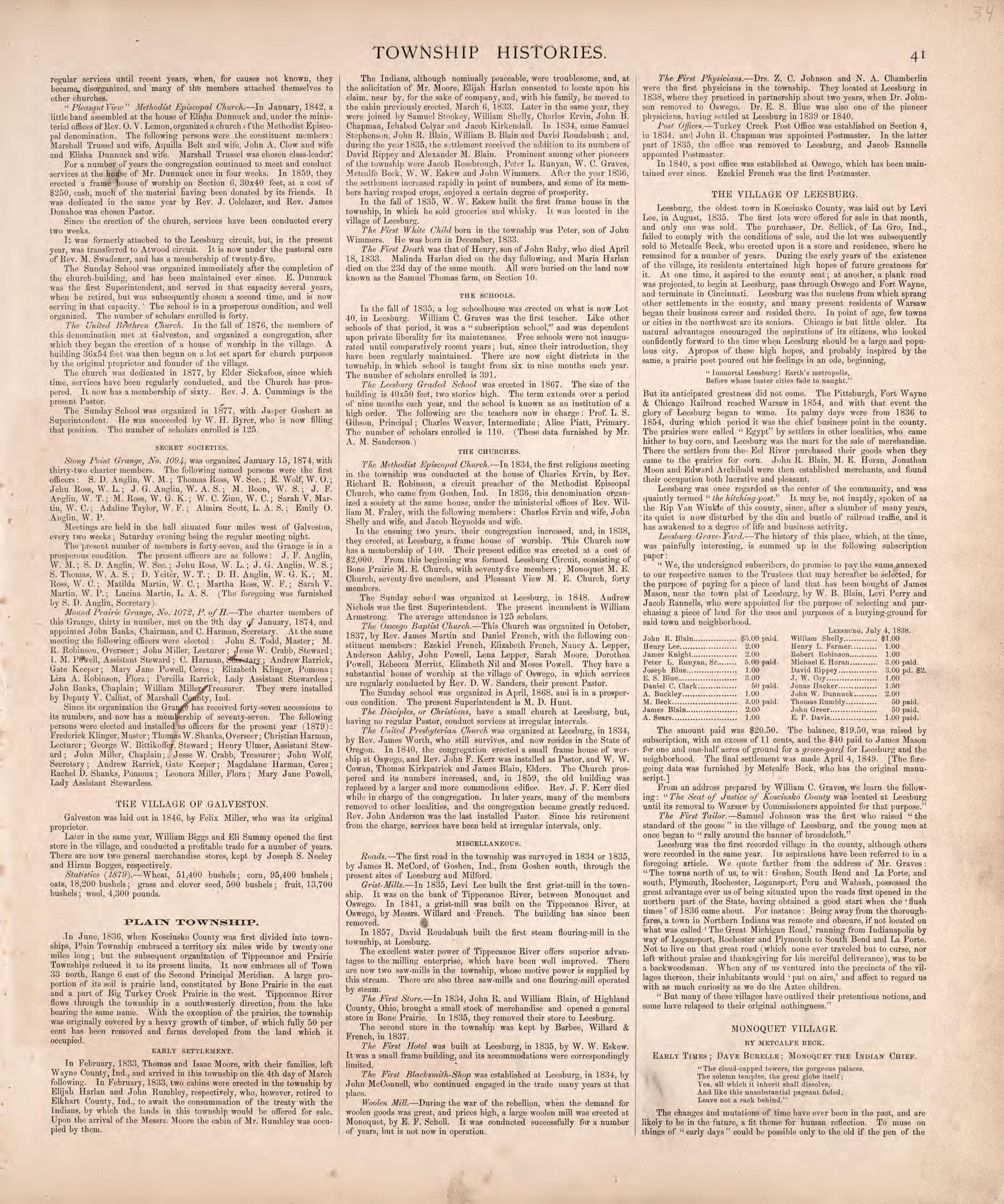 Township Histories (continued) from Combination Atlas Map of Kosciusko County, Indiana 1879 by Relic Map Company