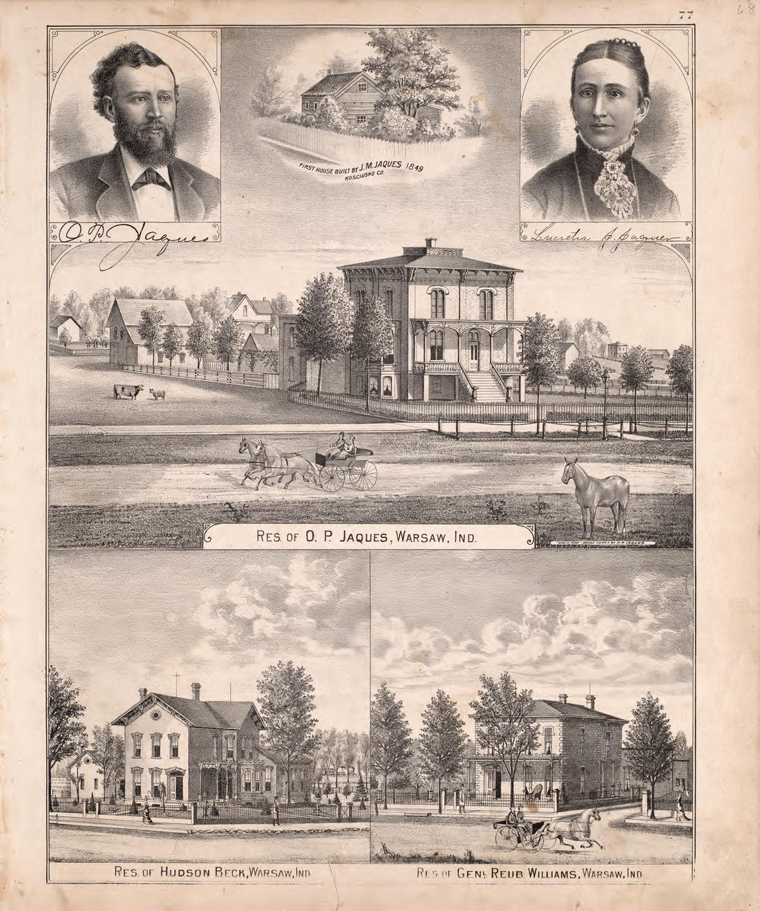 Multiple Residence Sketches from Combination Atlas Map of Kosciusko County, Indiana 1879 by Relic Map Company