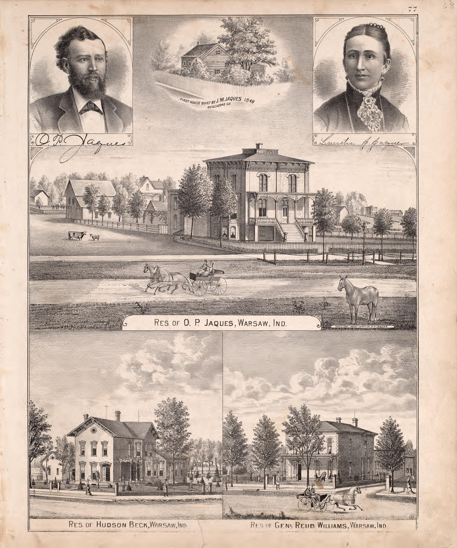 Multiple Residence Sketches from Combination Atlas Map of Kosciusko County, Indiana 1879 by Relic Map Company