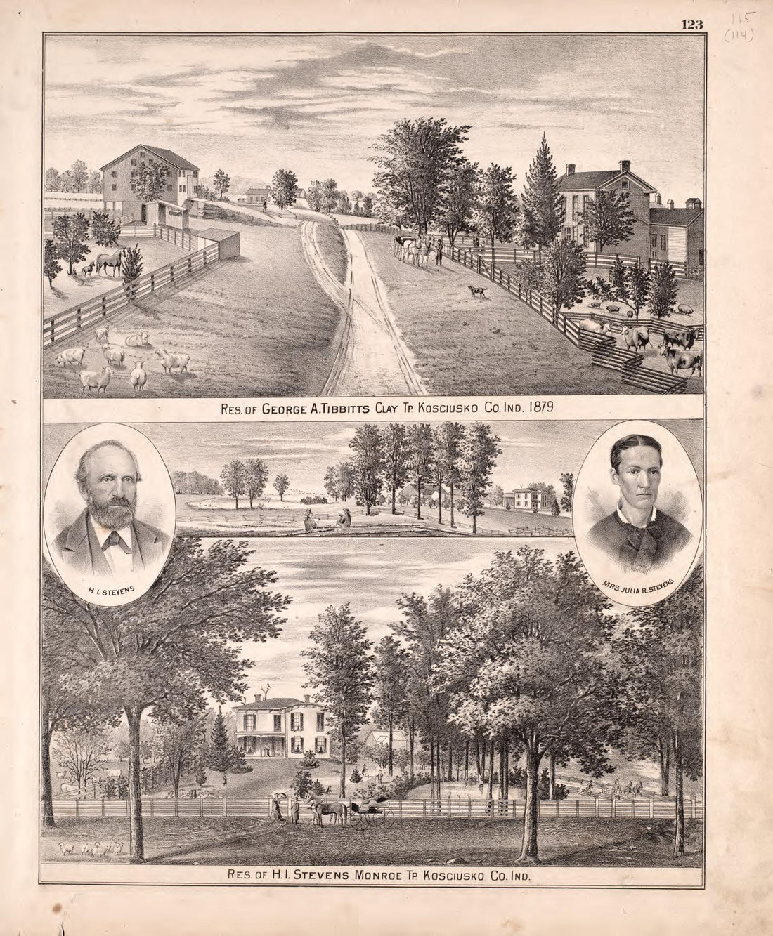 Tibbitts &amp; Stevens Residences from Combination Atlas Map of Kosciusko County, Indiana 1879 by Relic Map Company