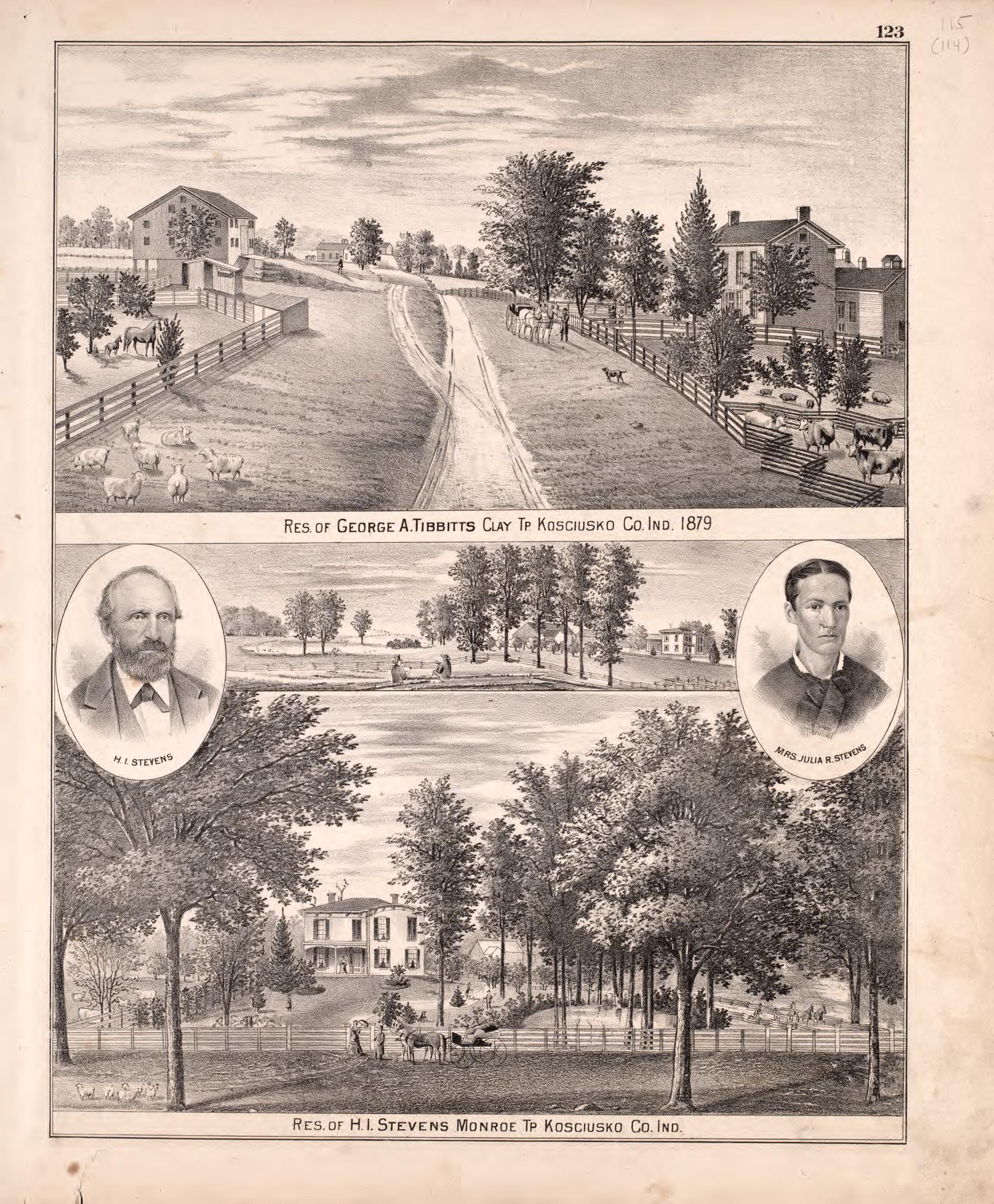 Tibbitts &amp; Stevens Residences from Combination Atlas Map of Kosciusko County, Indiana 1879 by Relic Map Company