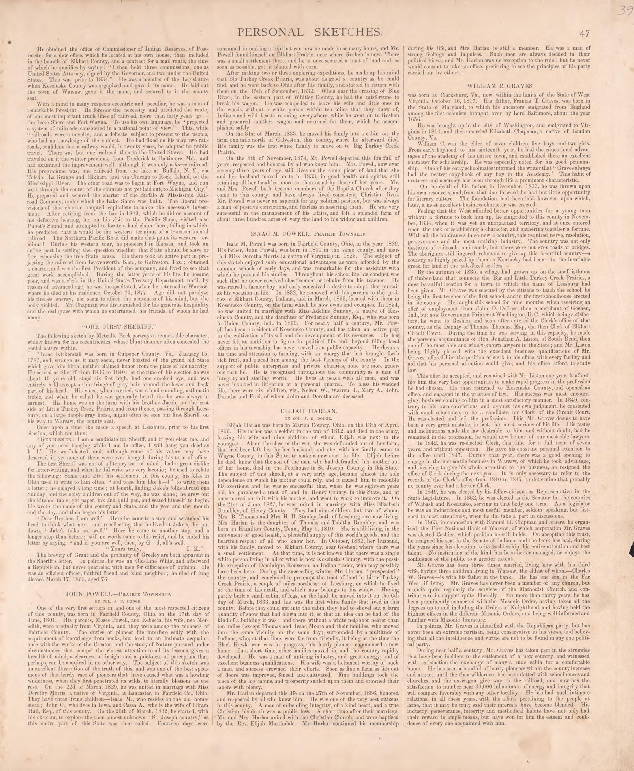 Personal Sketches (continued) from Combination Atlas Map of Kosciusko County, Indiana 1879 by Relic Map Company
