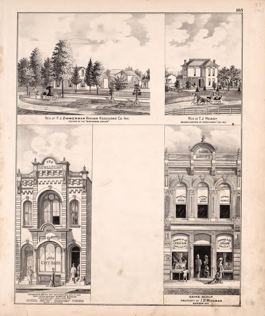 Multiple Residence Sketches (continued) from Combination Atlas Map of Kosciusko County, Indiana 1879 by Relic Map Company