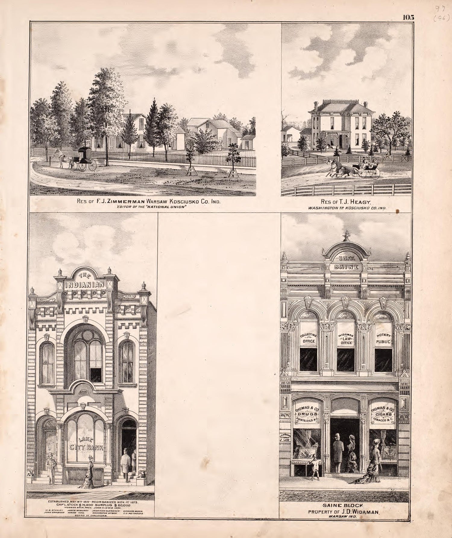 Multiple Residence Sketches (continued) from Combination Atlas Map of Kosciusko County, Indiana 1879 by Relic Map Company