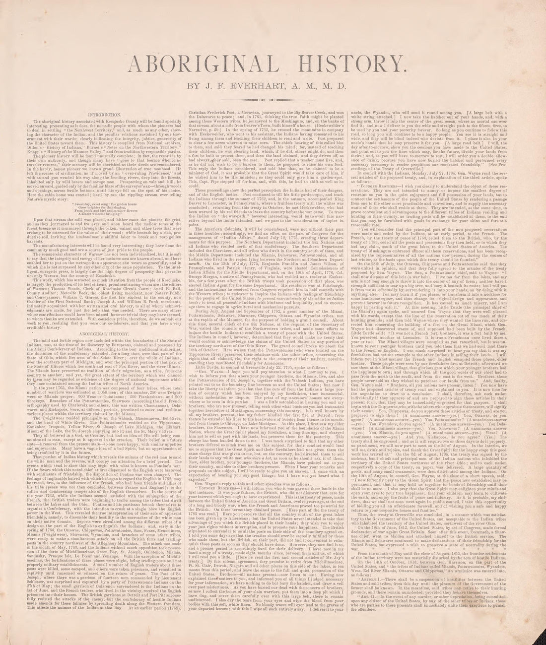 Aboriginal History from Combination Atlas Map of Kosciusko County, Indiana 1879 by Relic Map Company