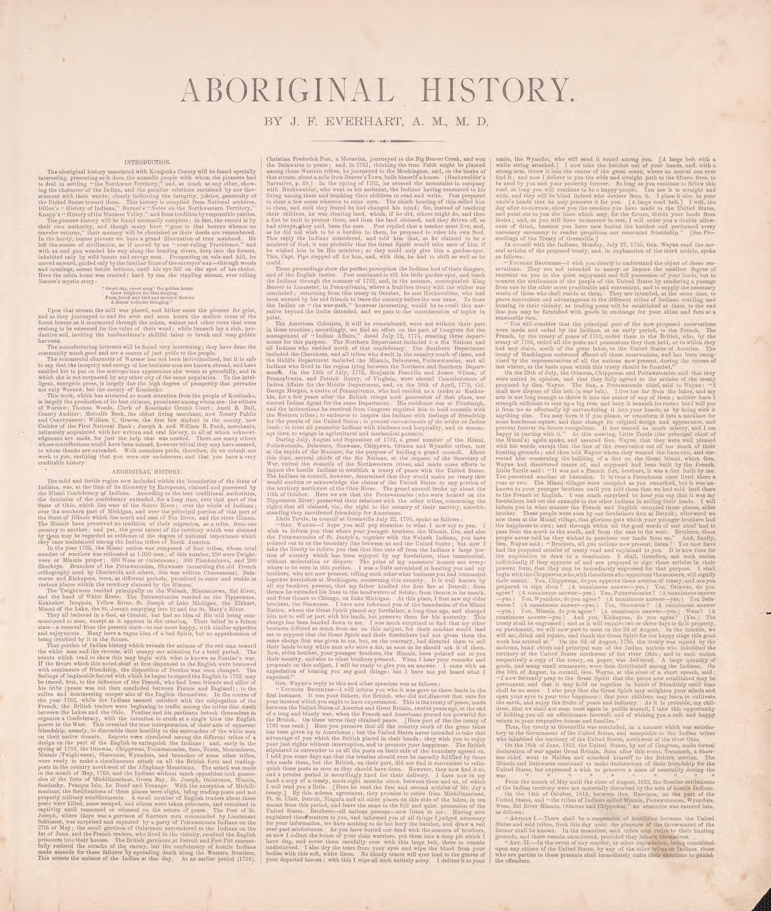 Aboriginal History from Combination Atlas Map of Kosciusko County, Indiana 1879 by Relic Map Company