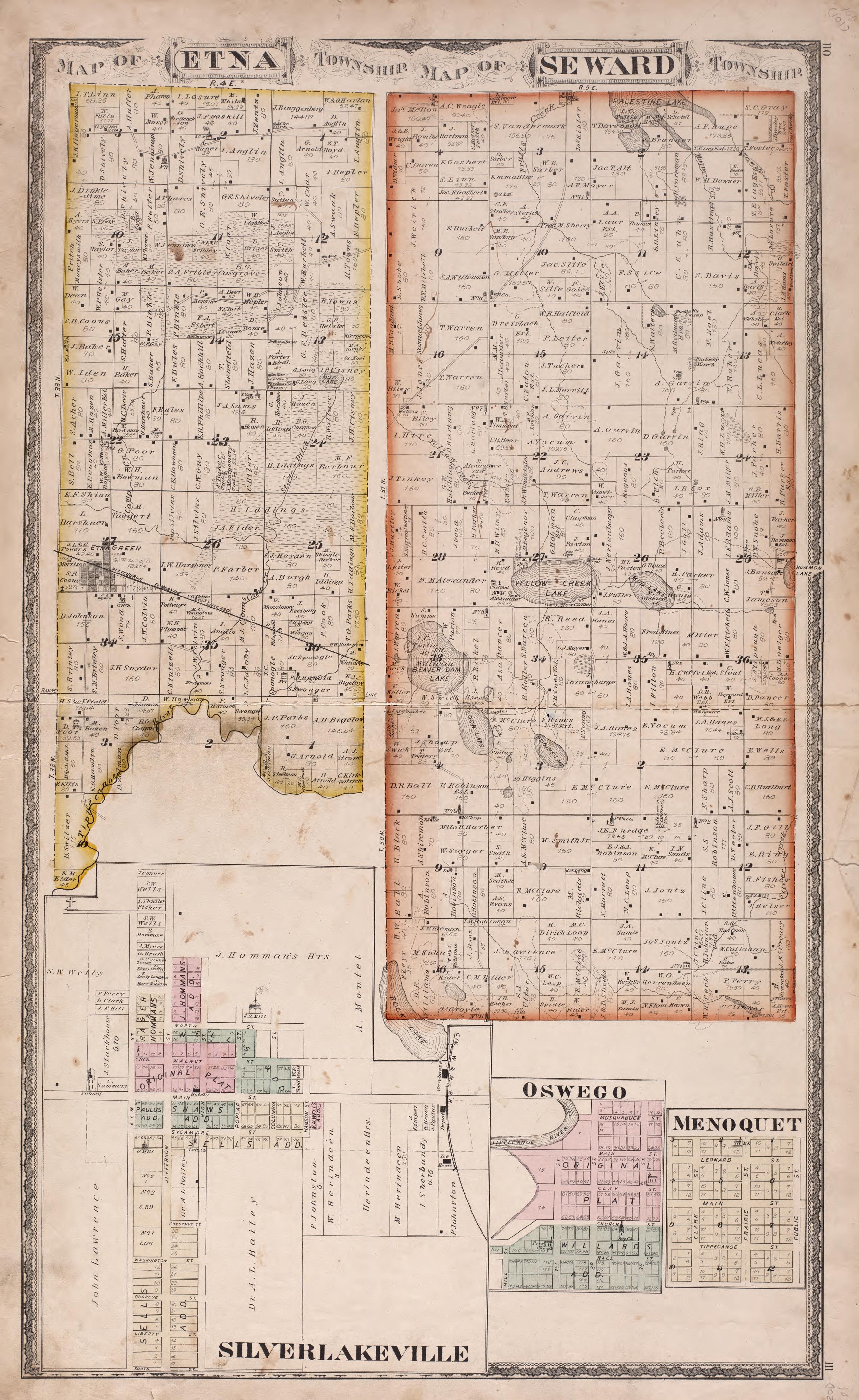 Etna, Seward, Silverlakeville, Oswego, &amp; Menoquet Regions from Combination Atlas Map of Kosciusko County, Indiana 1879 by Relic Map Company