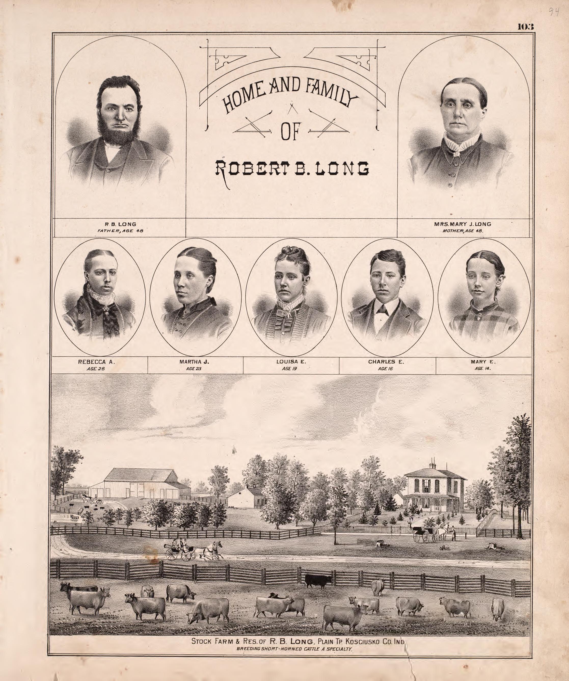 Home and Family of Robert B. Long from Combination Atlas Map of Kosciusko County, Indiana 1879 by Relic Map Company