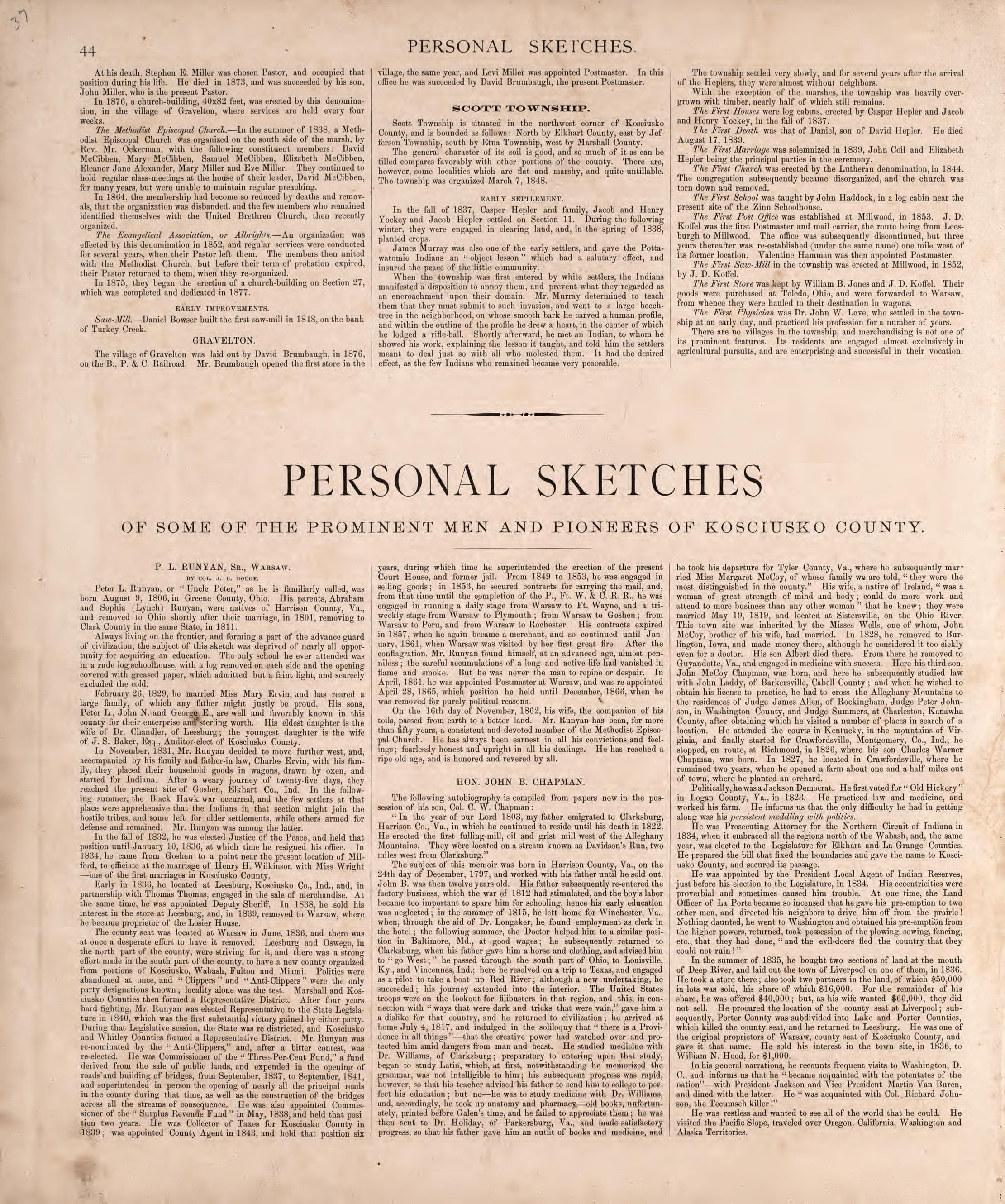 Personal Sketches of Some of the Prominent Men &amp; Pioneers of Kosciusko County from Combination Atlas Map of Kosciusko County, Indiana 1879 by Relic Map Company
