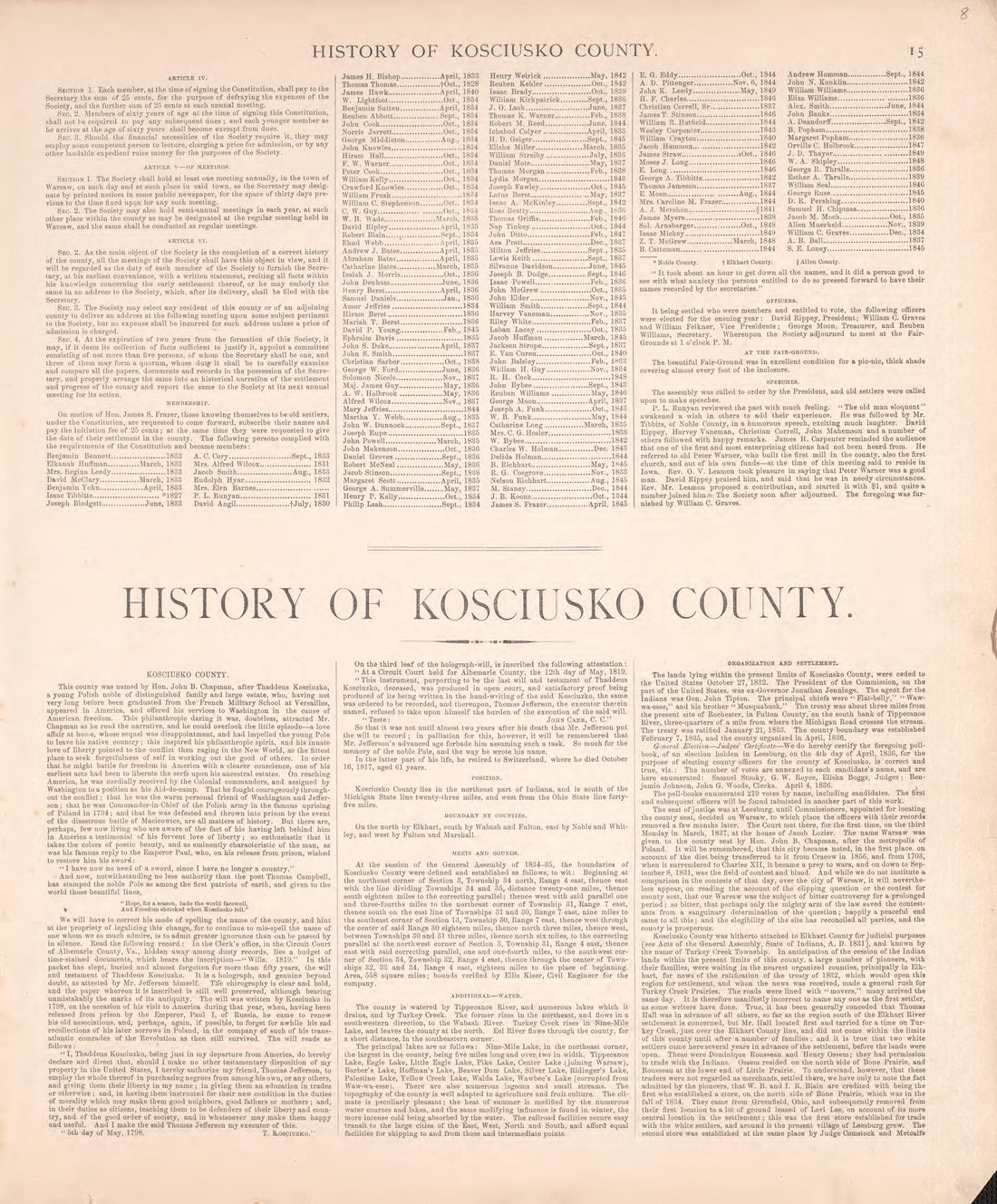 History of Kosciusko County from Combination Atlas Map of Kosciusko County, Indiana 1879 by Relic Map Company