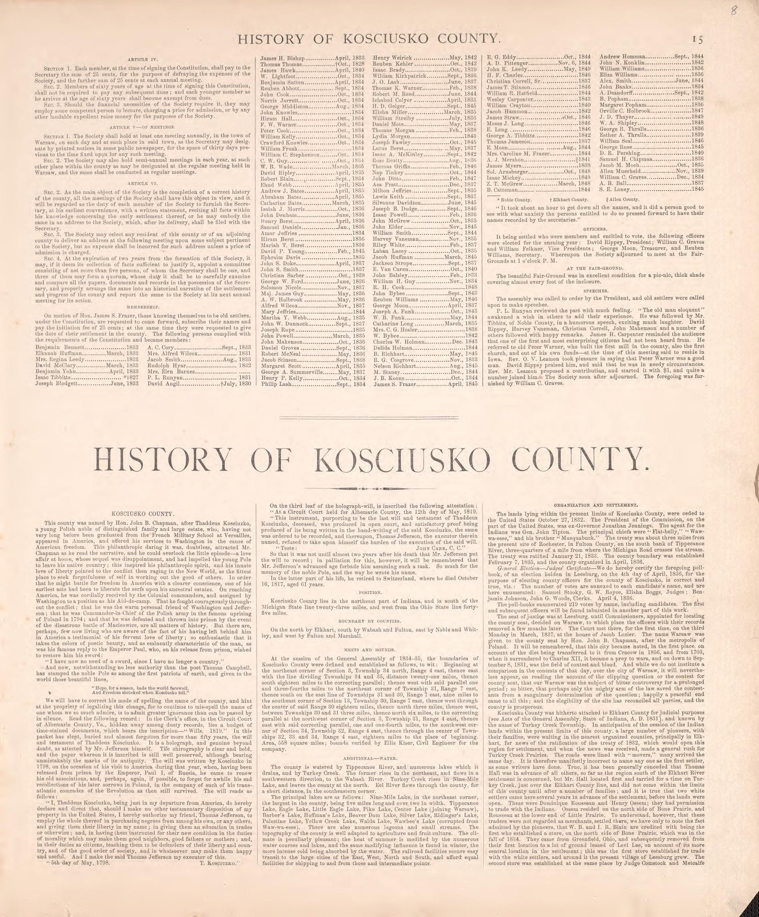 History of Kosciusko County from Combination Atlas Map of Kosciusko County, Indiana 1879 by Relic Map Company