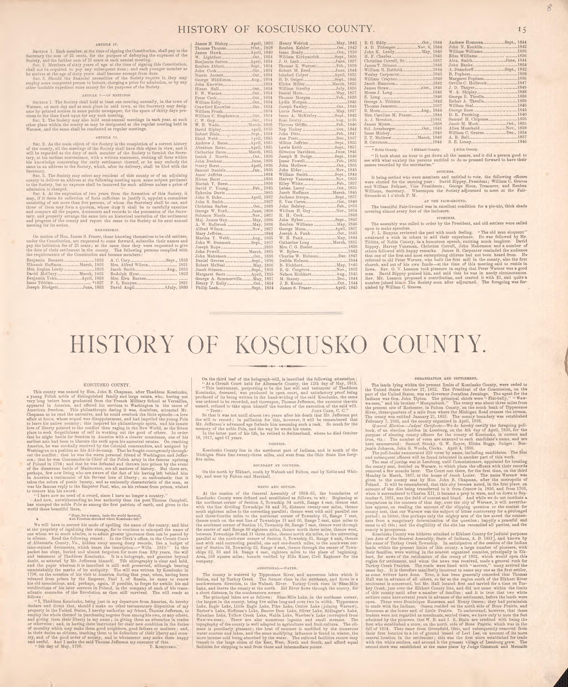 History of Kosciusko County from Combination Atlas Map of Kosciusko County, Indiana 1879 by Relic Map Company