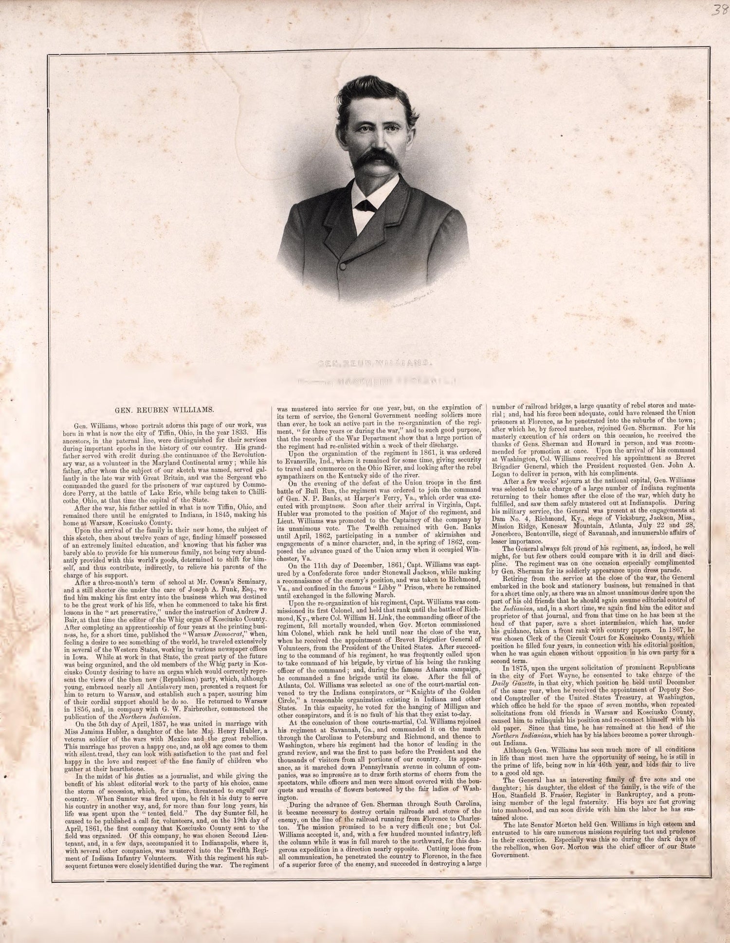 Gen. Reub. Williams; Editor, Northern Indianan from Combination Atlas Map of Kosciusko County, Indiana 1879 by Relic Map Company