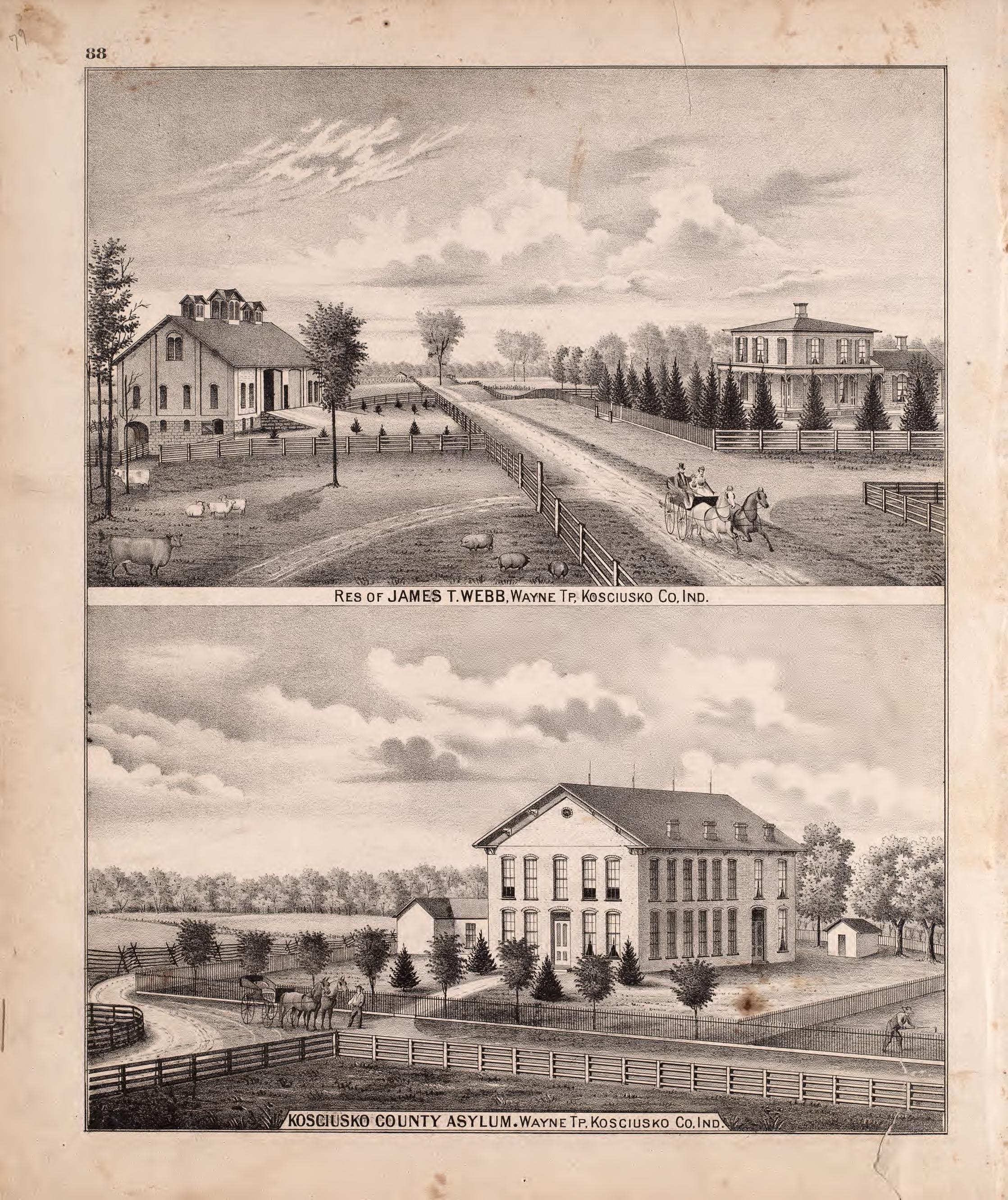 Residence of James T. Webb &amp; Kosciusko County Asylum, Wayne Twp from Combination Atlas Map of Kosciusko County, Indiana 1879 by Relic Map Company