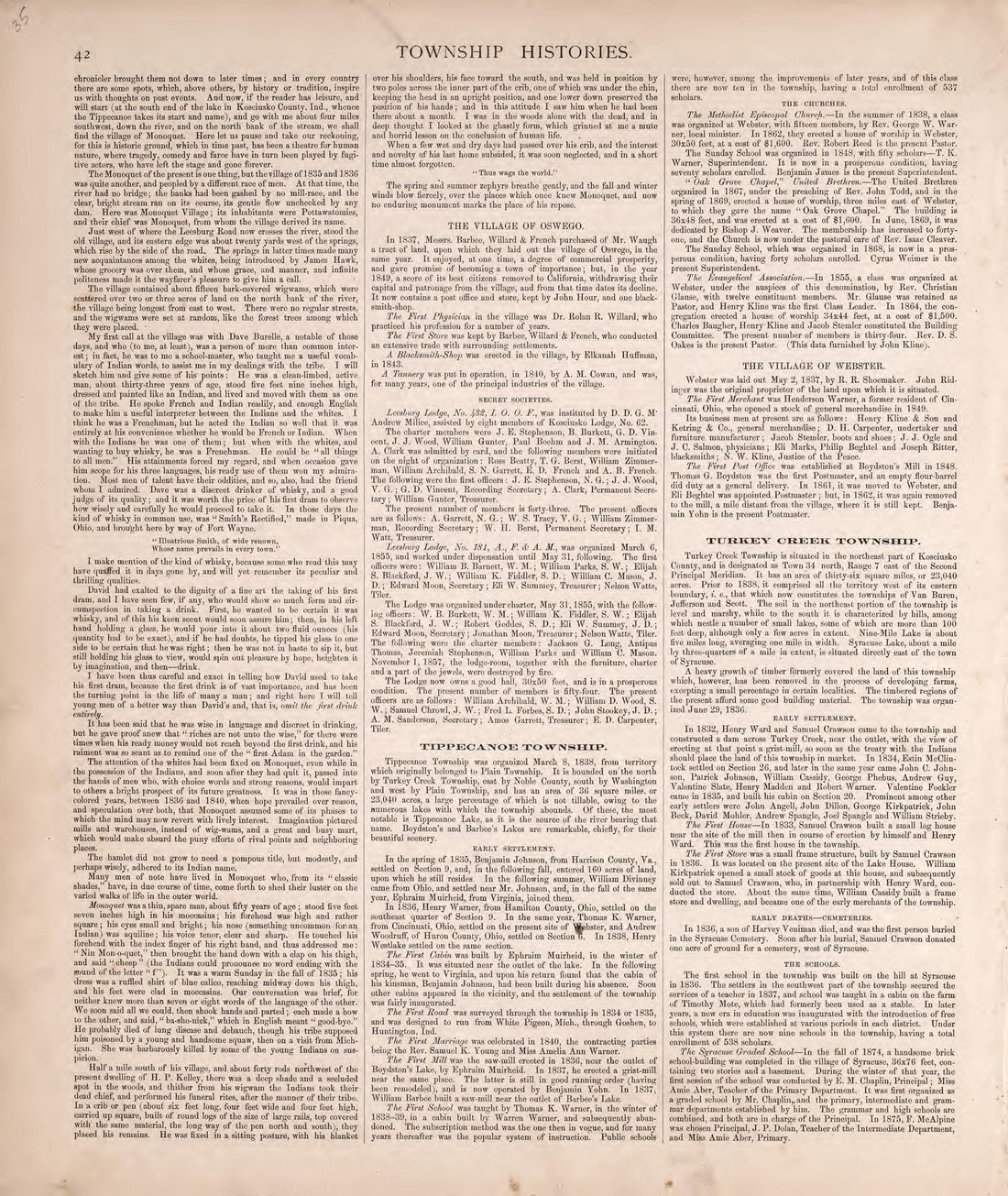 Township Histories (continued) from Combination Atlas Map of Kosciusko County, Indiana 1879 by Relic Map Company