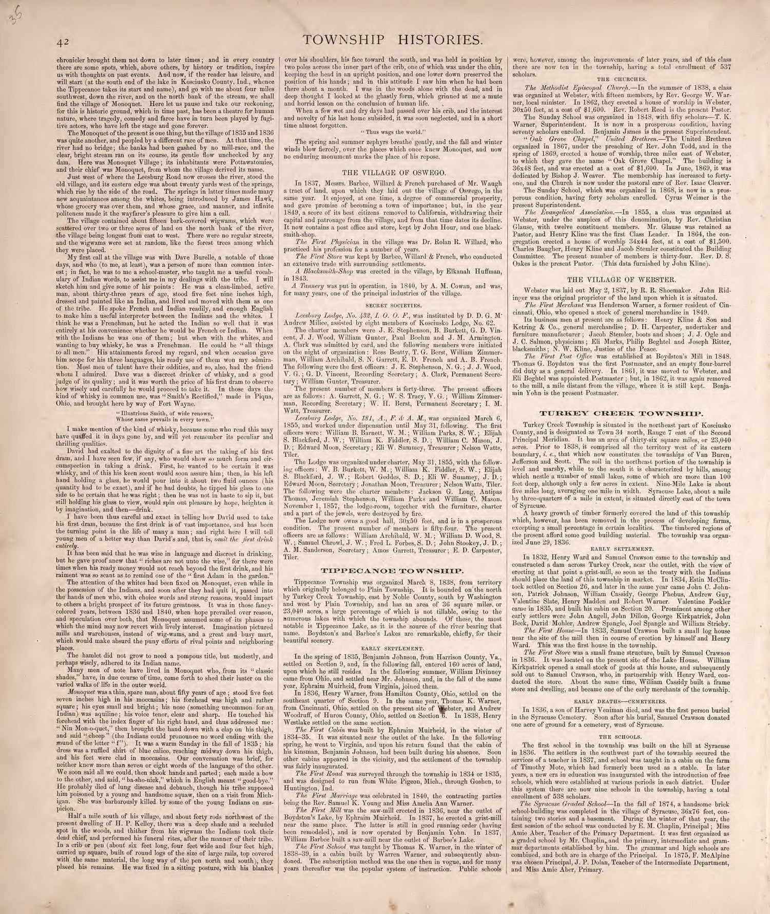 Township Histories (continued) from Combination Atlas Map of Kosciusko County, Indiana 1879 by Relic Map Company