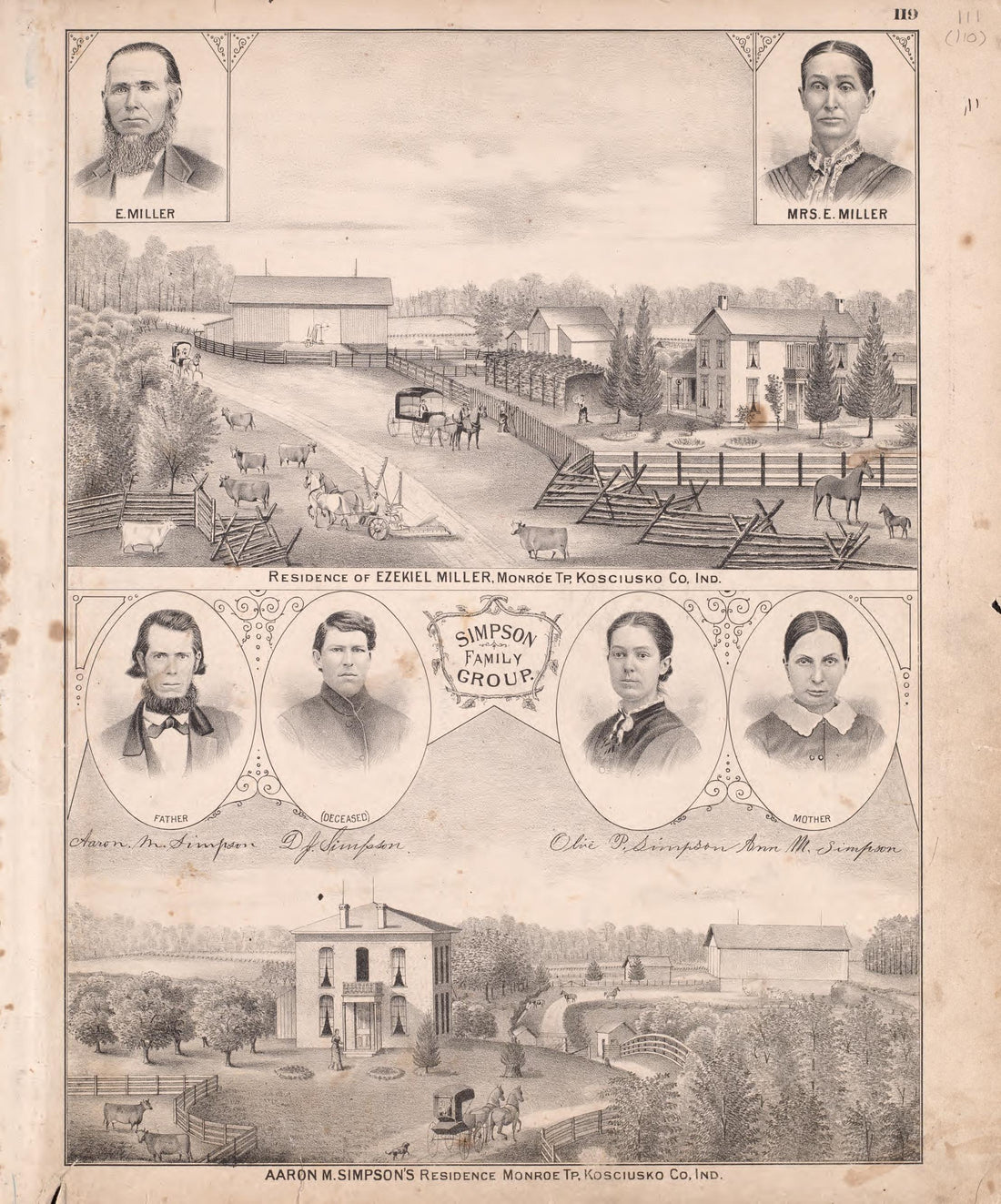Residences of Ezekiel Miller and Aaron M. Simpson from Combination Atlas Map of Kosciusko County, Indiana 1879 by Relic Map Company