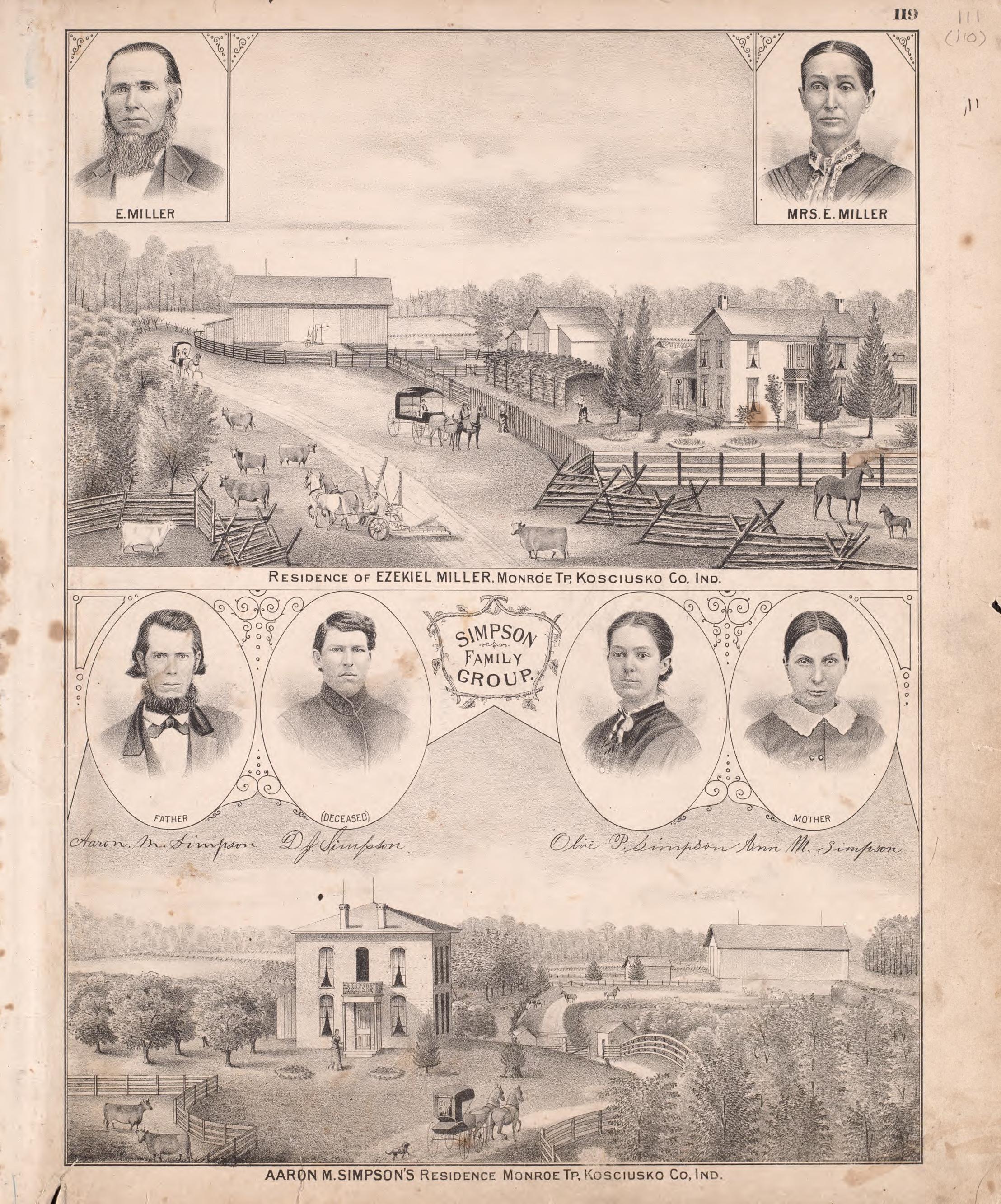 Residences of Ezekiel Miller and Aaron M. Simpson from Combination Atlas Map of Kosciusko County, Indiana 1879 by Relic Map Company