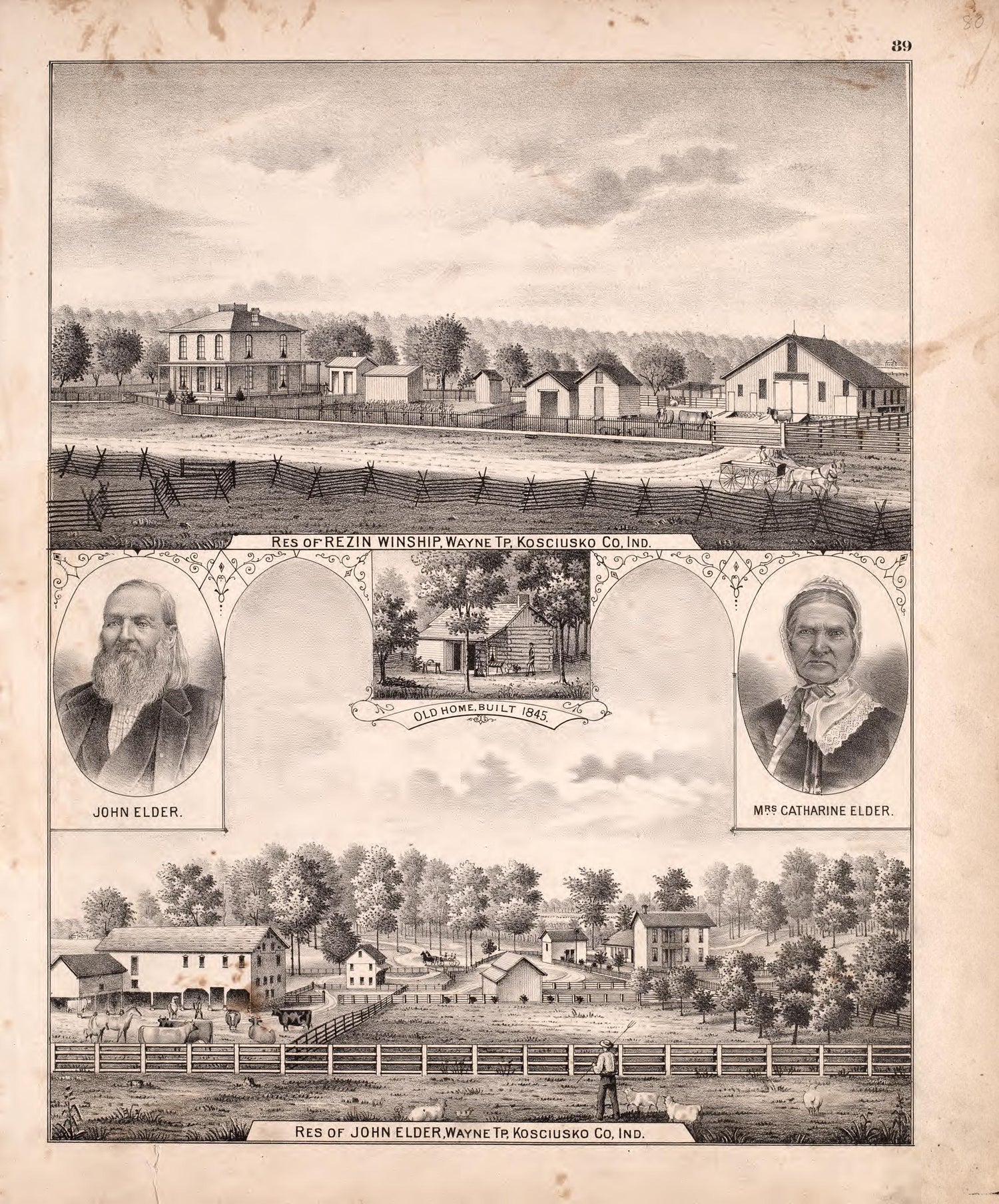 Winship &amp; Elder Residences from Combination Atlas Map of Kosciusko County, Indiana 1879 by Relic Map Company