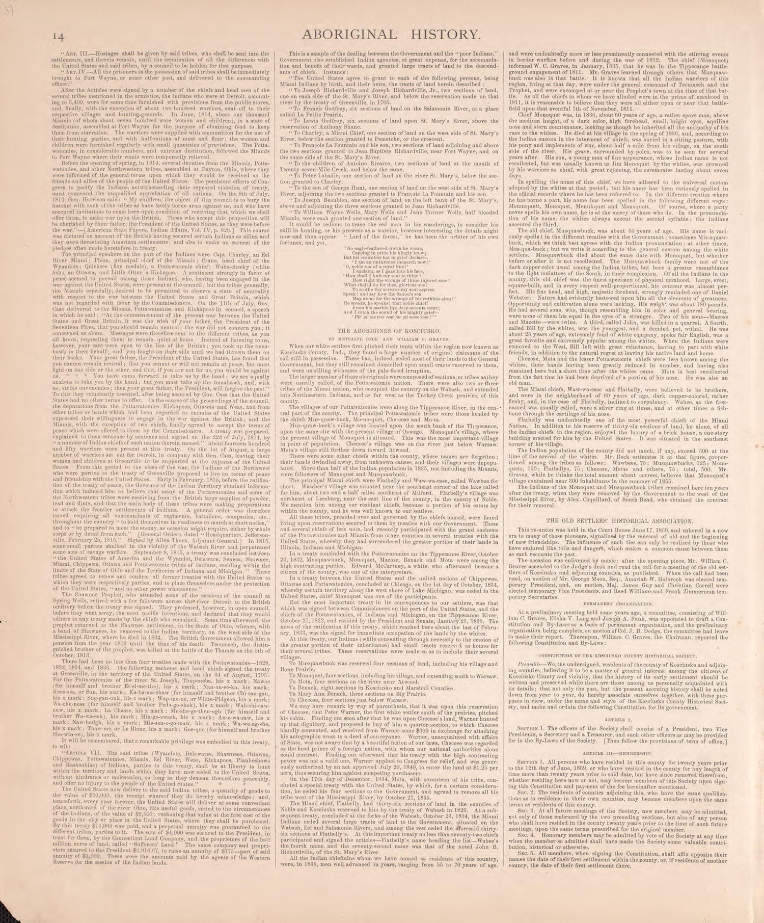 Aboriginal History (continued) from Combination Atlas Map of Kosciusko County, Indiana 1879 by Relic Map Company