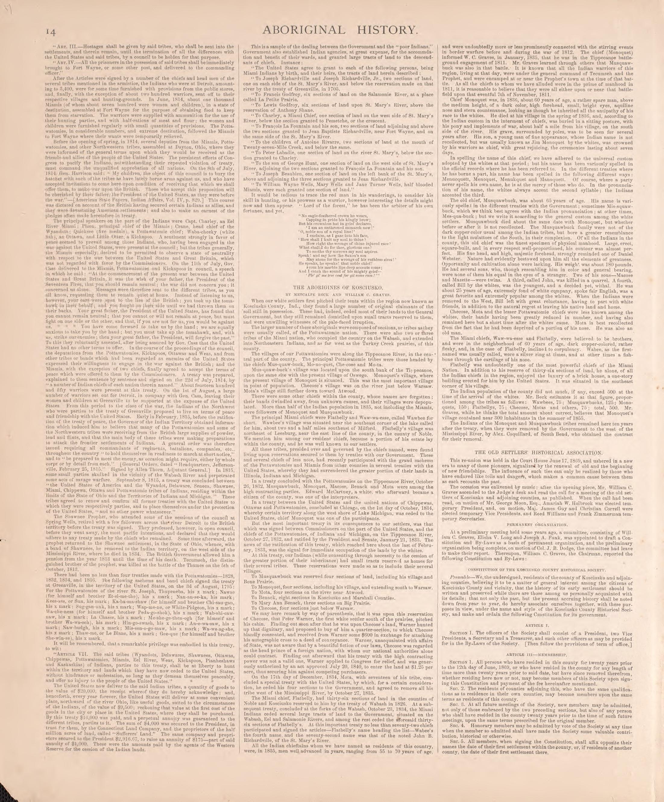 Aboriginal History (continued) from Combination Atlas Map of Kosciusko County, Indiana 1879 by Relic Map Company