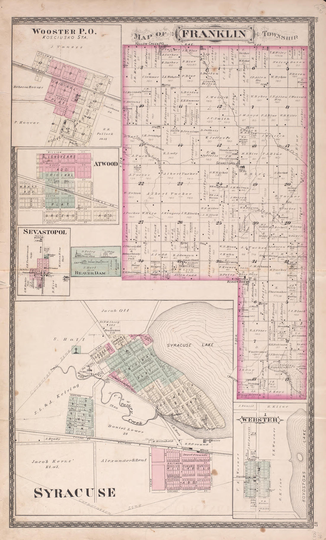 Franklin, Syracuse, &amp; Other Regions from Combination Atlas Map of Kosciusko County, Indiana 1879 by Relic Map Company