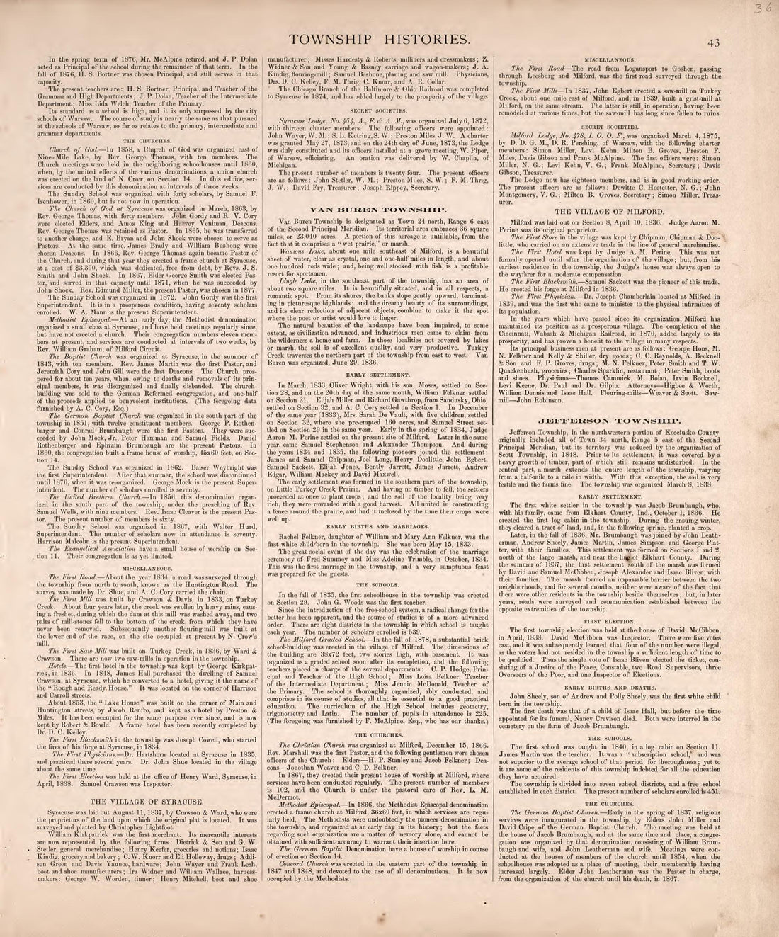 Township Histories (continued) from Combination Atlas Map of Kosciusko County, Indiana 1879 by Relic Map Company