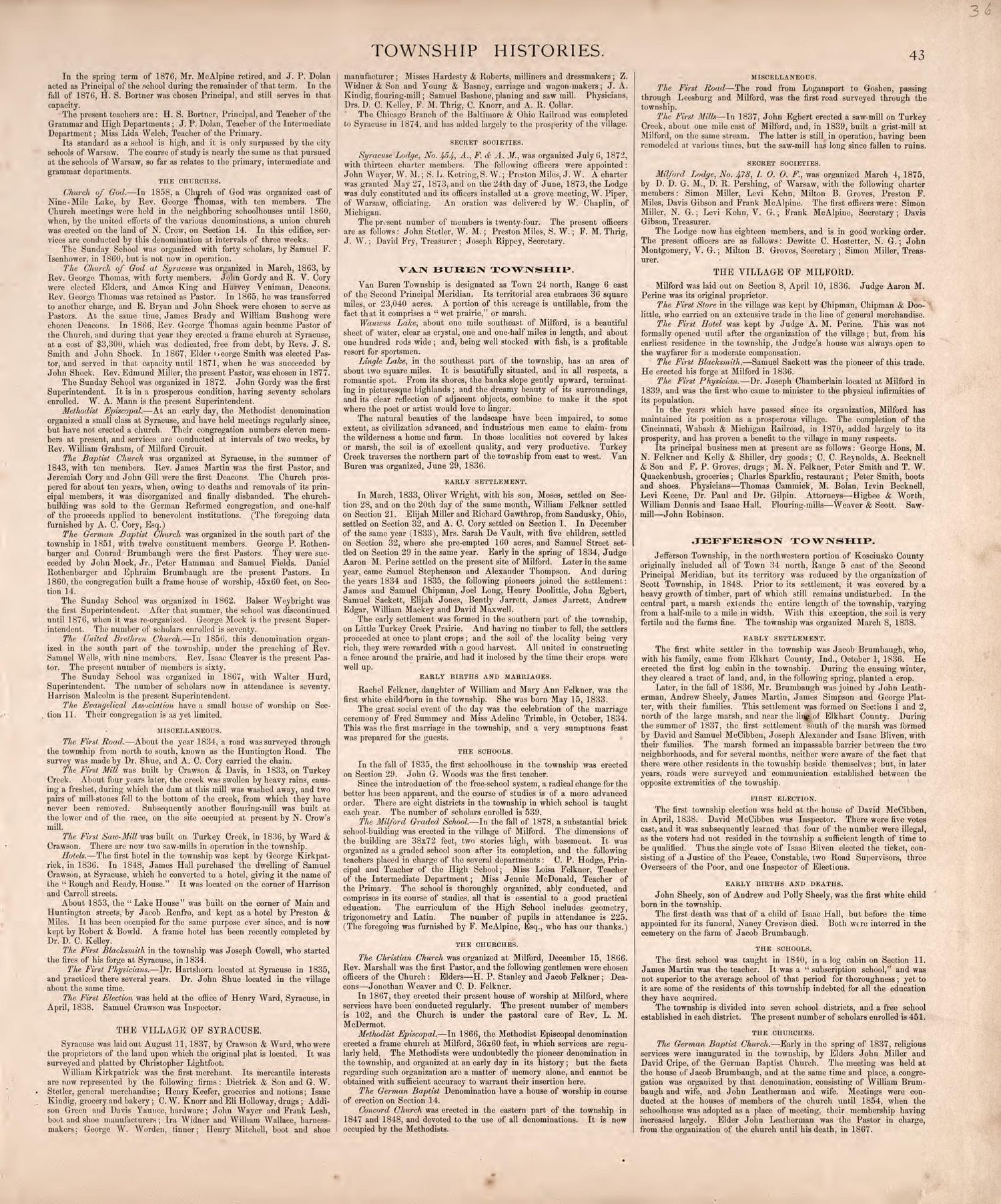Township Histories (continued) from Combination Atlas Map of Kosciusko County, Indiana 1879 by Relic Map Company