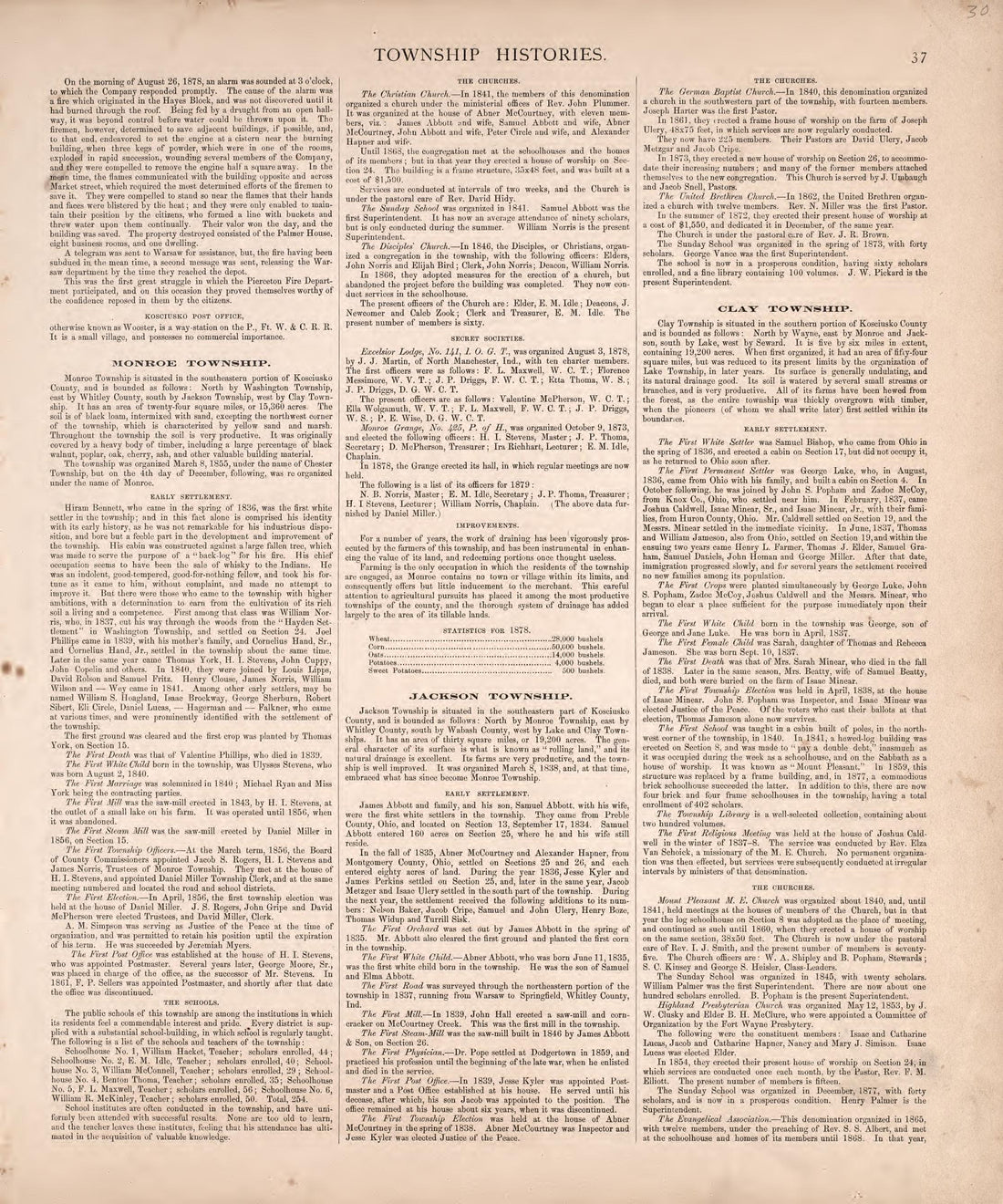 Township Histories (continued) from Combination Atlas Map of Kosciusko County, Indiana 1879 by Relic Map Company