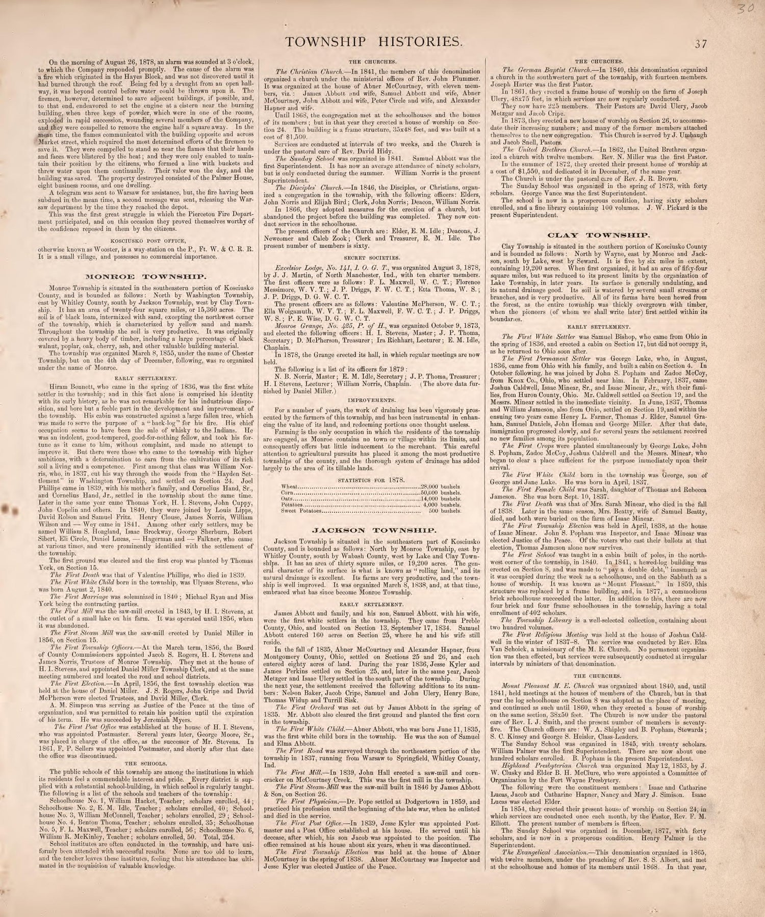 Township Histories (continued) from Combination Atlas Map of Kosciusko County, Indiana 1879 by Relic Map Company