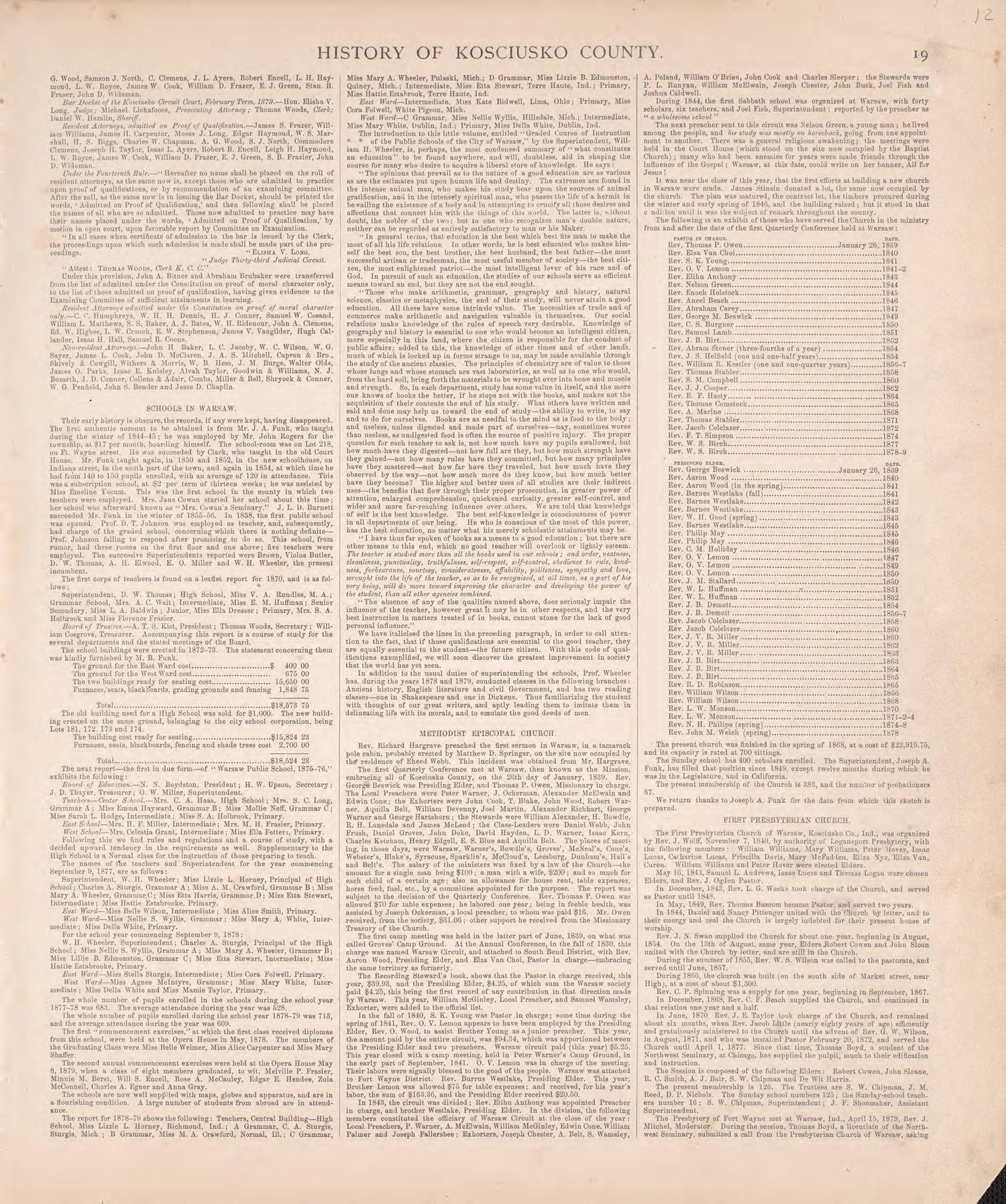 History of Kosciusko County (continued) from Combination Atlas Map of Kosciusko County, Indiana 1879 by Relic Map Company