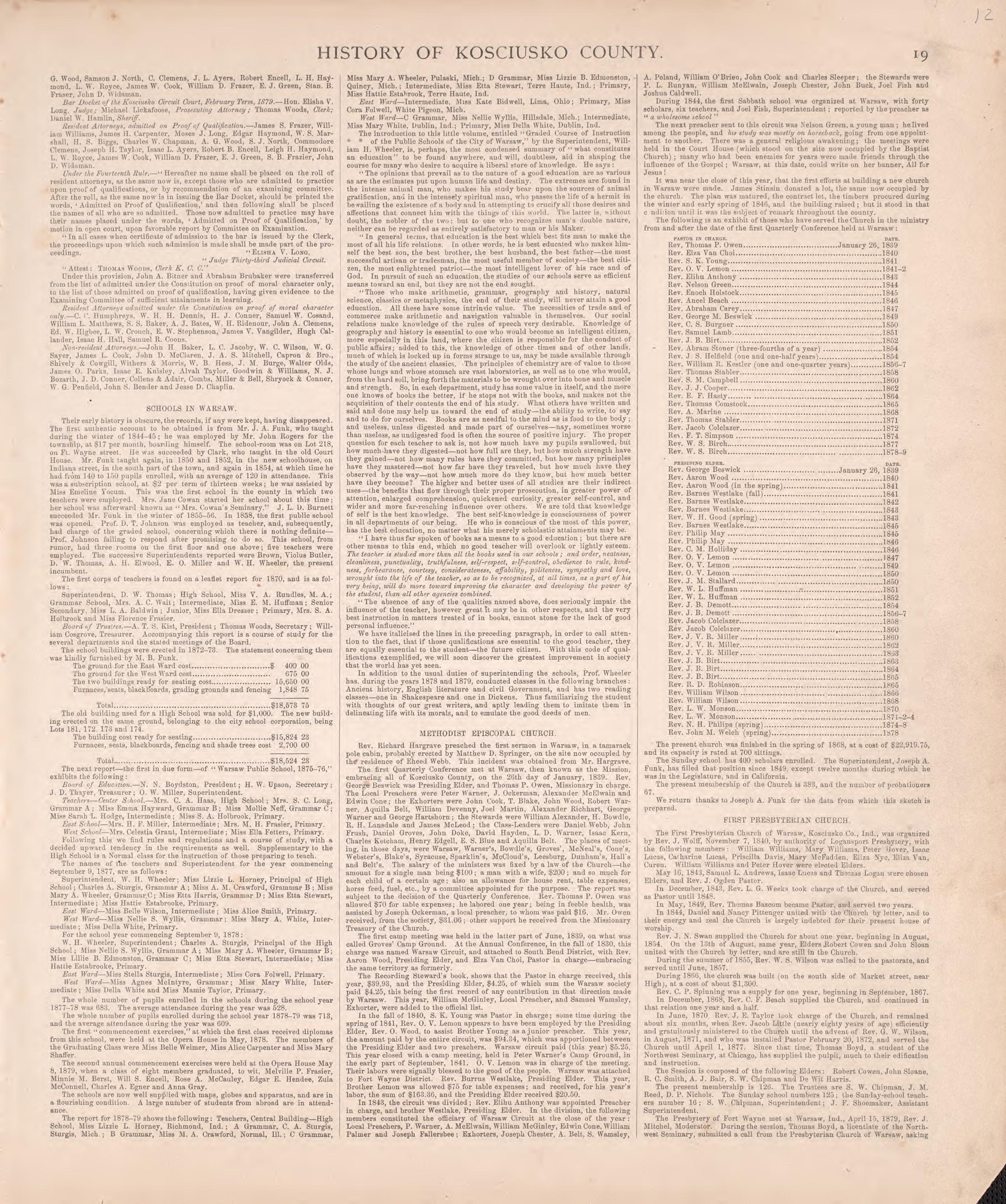 History of Kosciusko County (continued) from Combination Atlas Map of Kosciusko County, Indiana 1879 by Relic Map Company