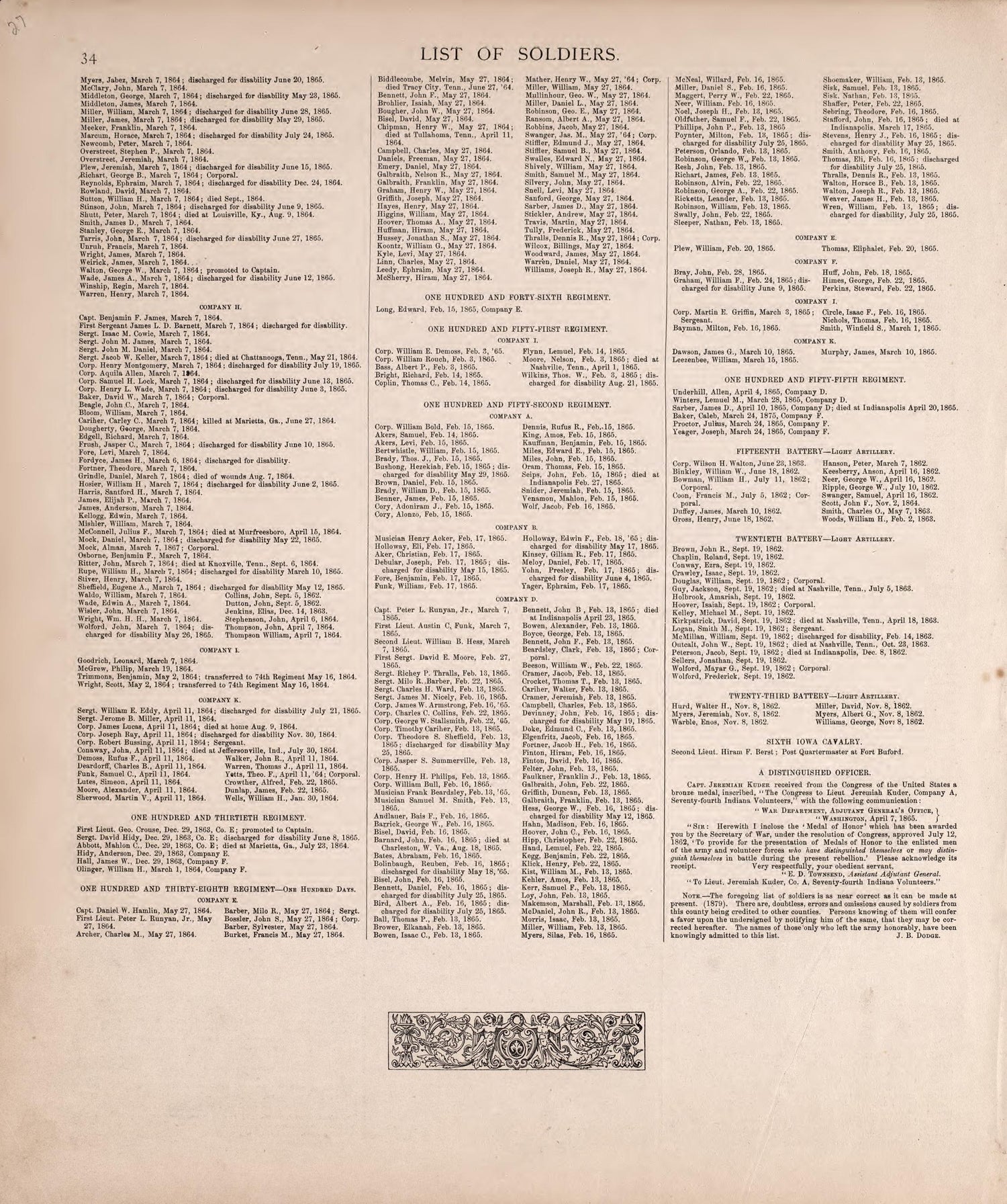 List of Soldiers from Kosciusko County In the War of the Rebellion (continued) from Combination Atlas Map of Kosciusko County, Indiana 1879 by Relic Map Company