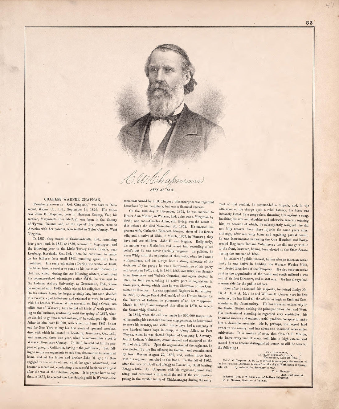 Sketch: Charles Warner Chapman from Combination Atlas Map of Kosciusko County, Indiana 1879 by Relic Map Company