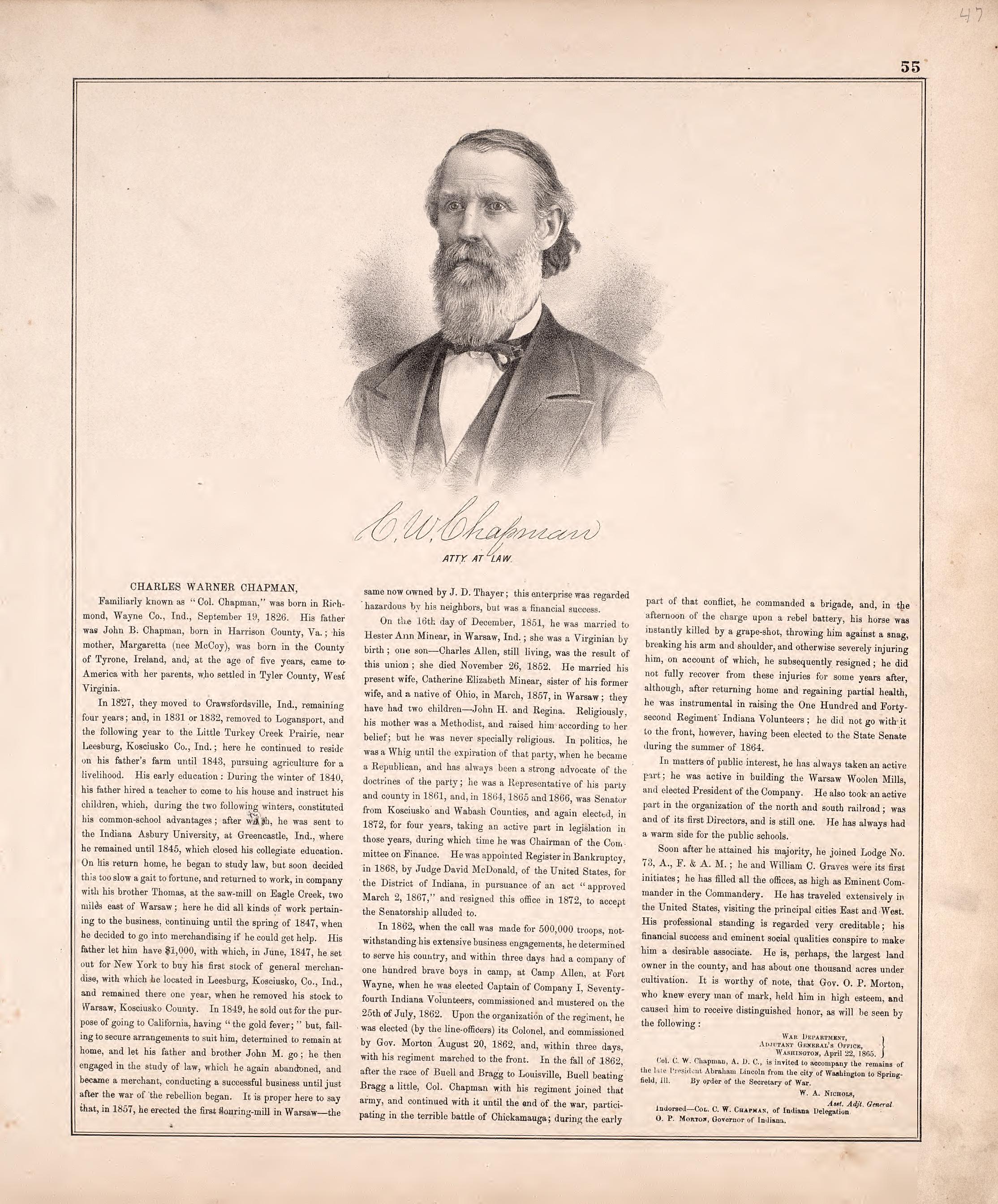 Sketch: Charles Warner Chapman from Combination Atlas Map of Kosciusko County, Indiana 1879 by Relic Map Company