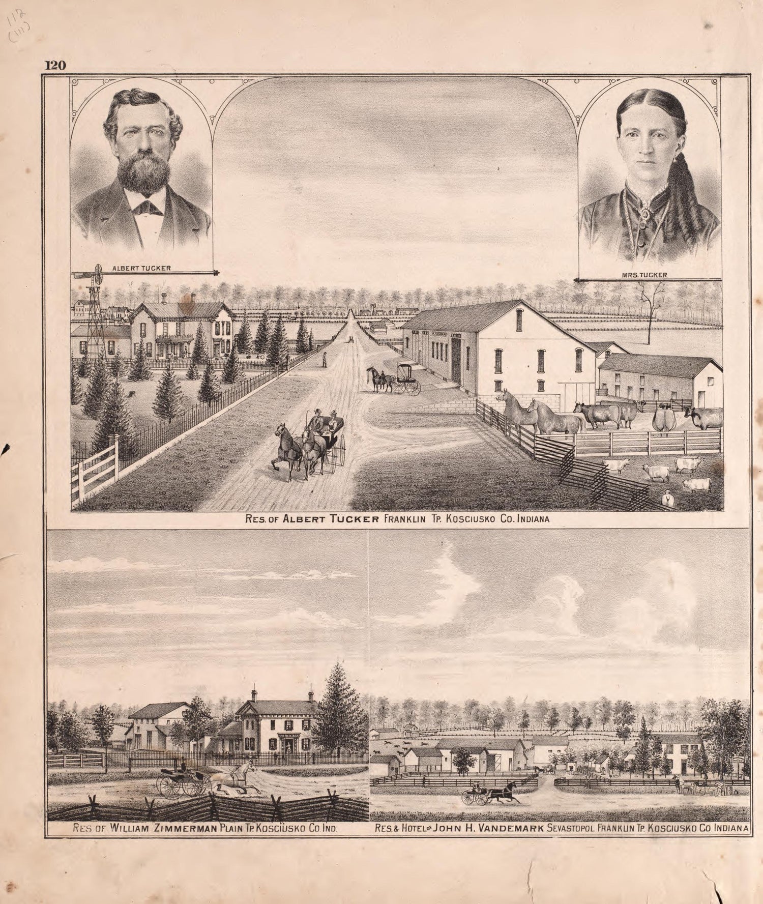 Tucker, Zimmerman, &amp; Vandemark Residences from Combination Atlas Map of Kosciusko County, Indiana 1879 by Relic Map Company