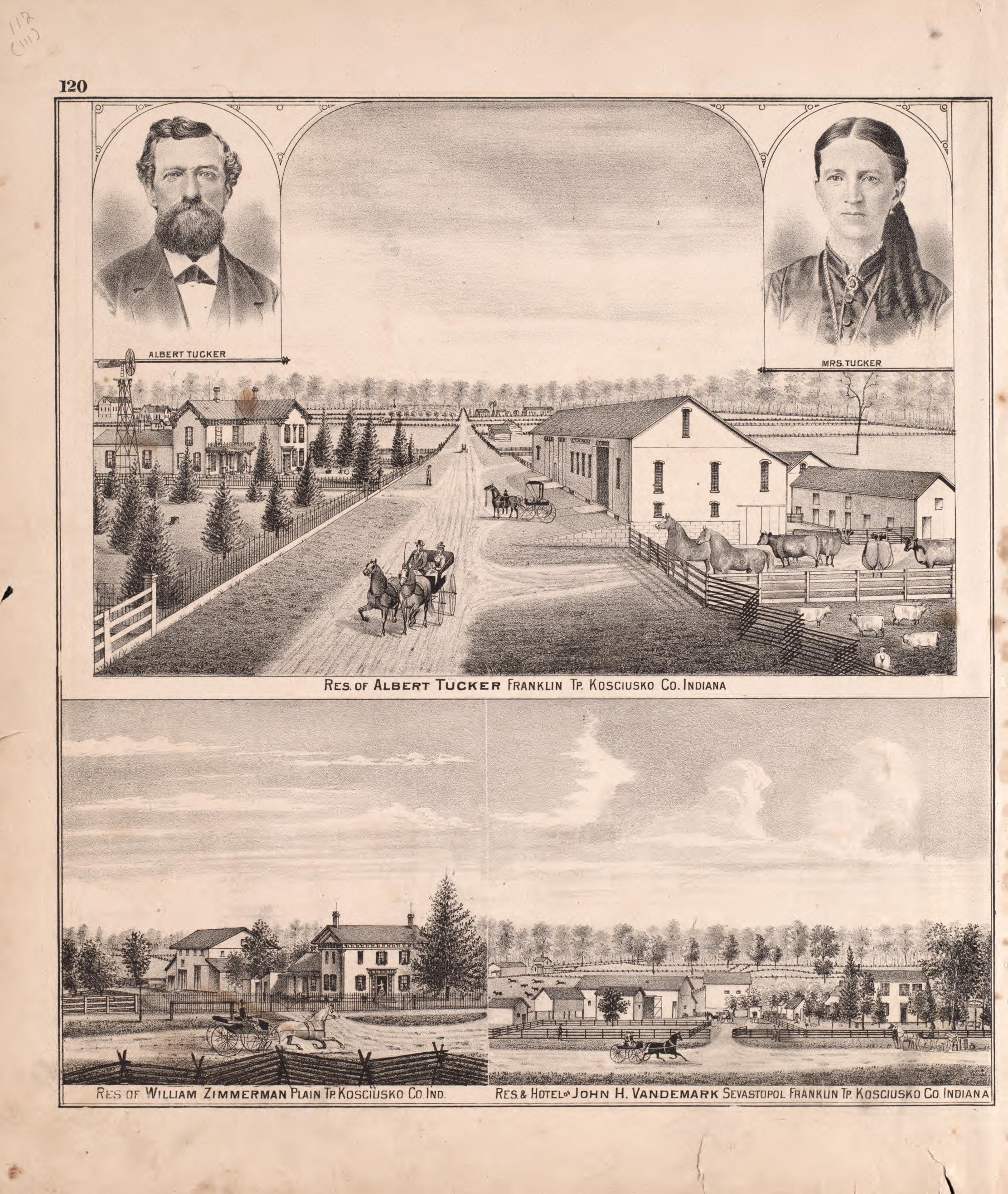 Tucker, Zimmerman, &amp; Vandemark Residences from Combination Atlas Map of Kosciusko County, Indiana 1879 by Relic Map Company