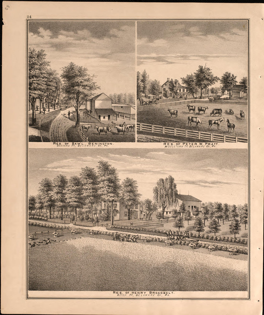 Illustrations of Pratt/ Broadbelt/ Benington from Combination Atlas Map of Delaware County, Pennsylvania 1875 by Relic Map Company