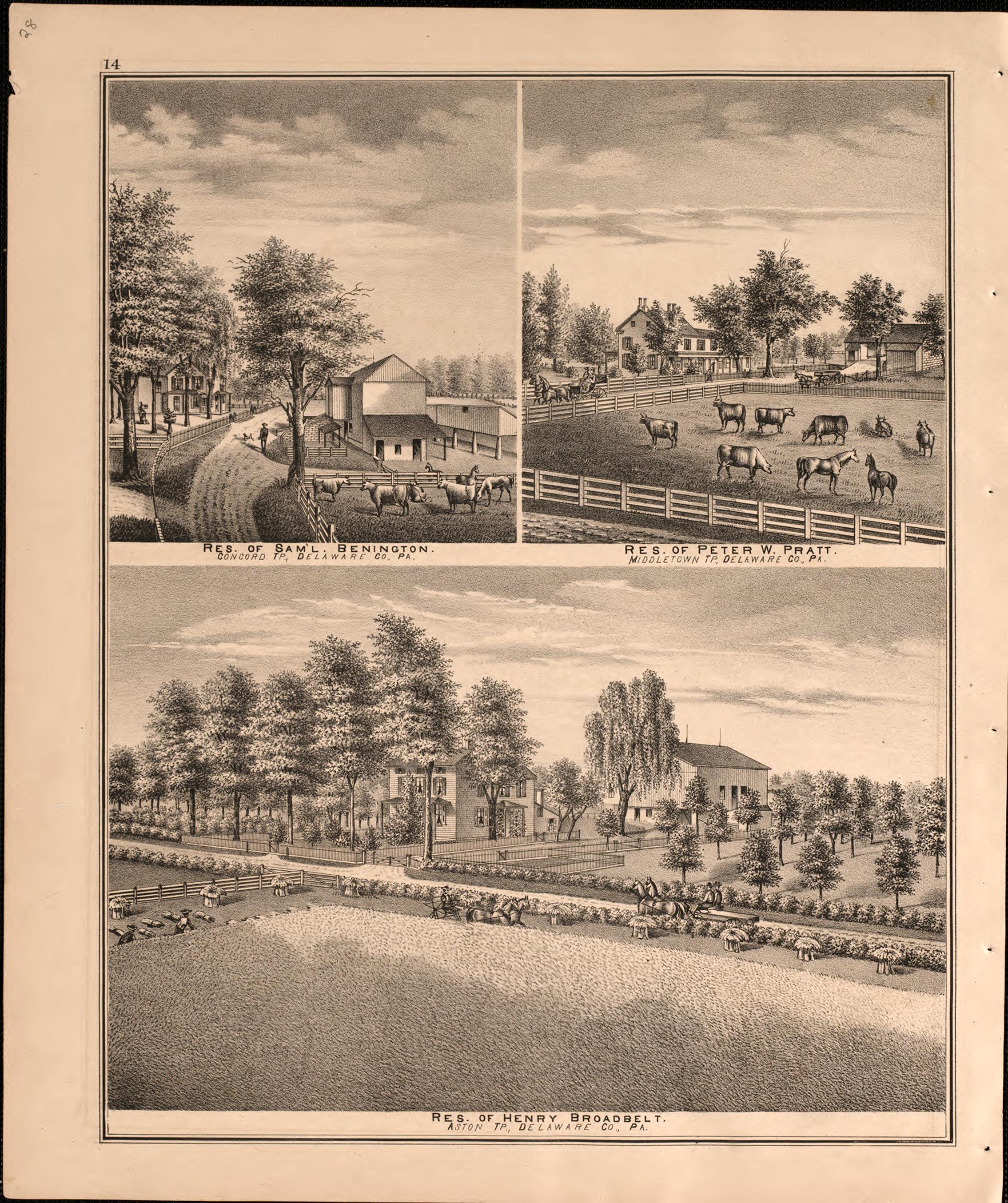 Illustrations of Pratt/ Broadbelt/ Benington from Combination Atlas Map of Delaware County, Pennsylvania 1875 by Relic Map Company