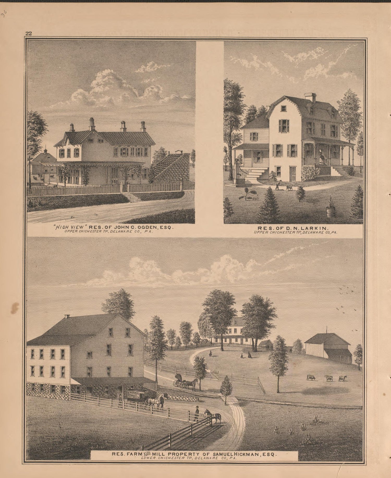 Illustrations of Hickman/ Ogden/ Larkin from Combination Atlas Map of Delaware County, Pennsylvania 1875 by Relic Map Company