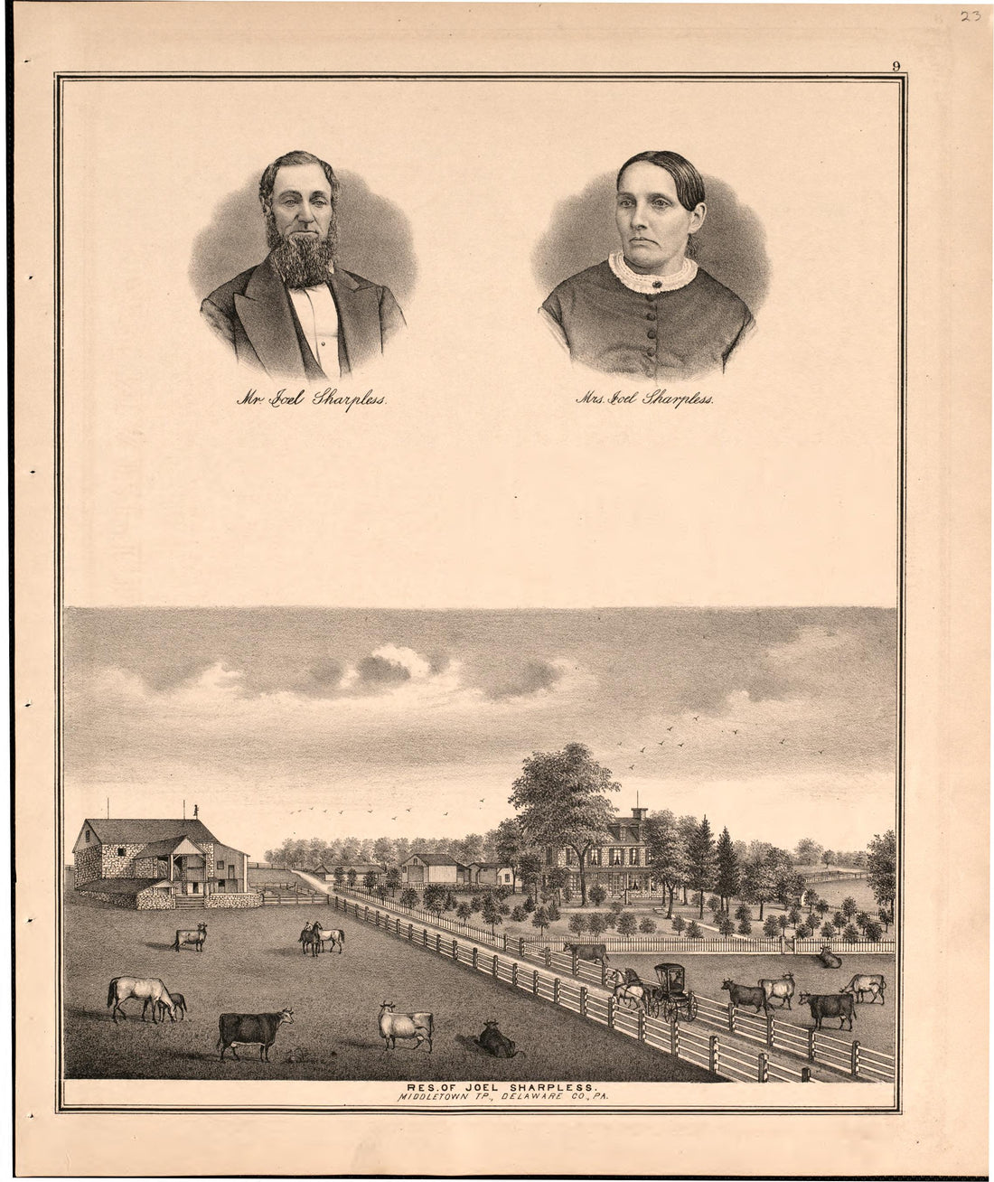 Illustration of Sharpless Residence from Combination Atlas Map of Delaware County, Pennsylvania 1875 by Relic Map Company