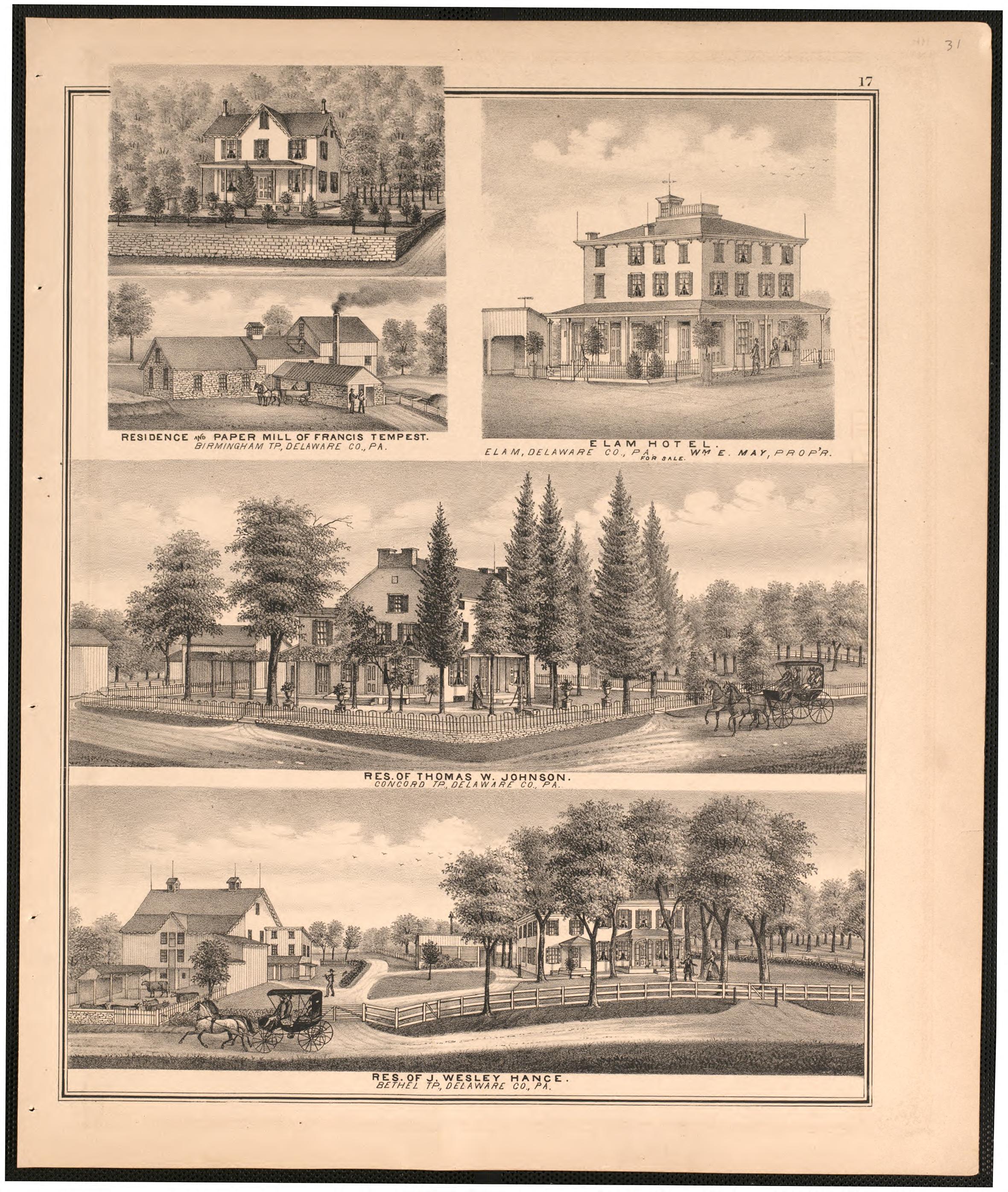 Illustrations of Tempest/ Hange/ Johnson from Combination Atlas Map of Delaware County, Pennsylvania 1875 by Relic Map Company