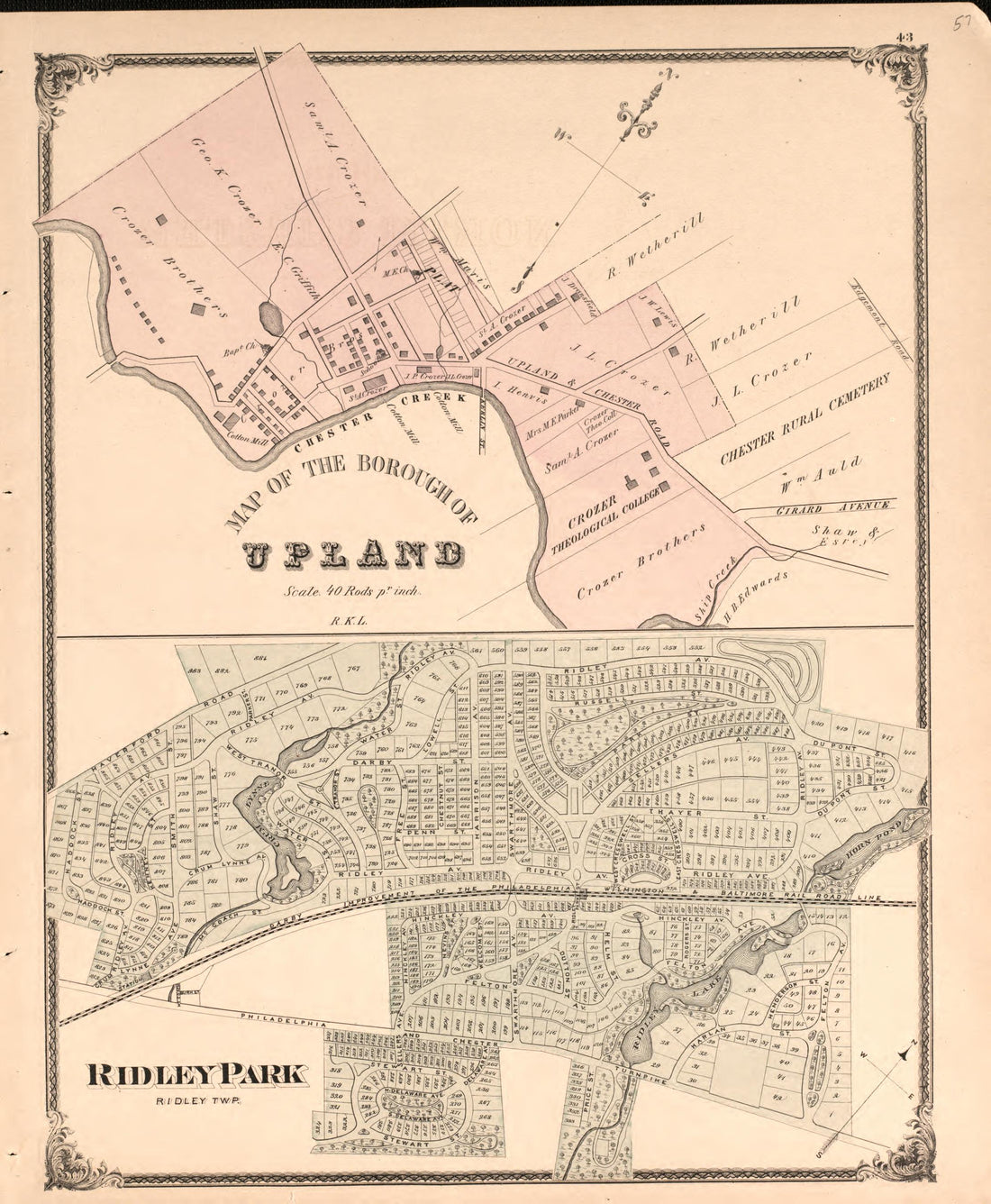 Upland/ Ridley from Combination Atlas Map of Delaware County, Pennsylvania 1875 by Relic Map Company