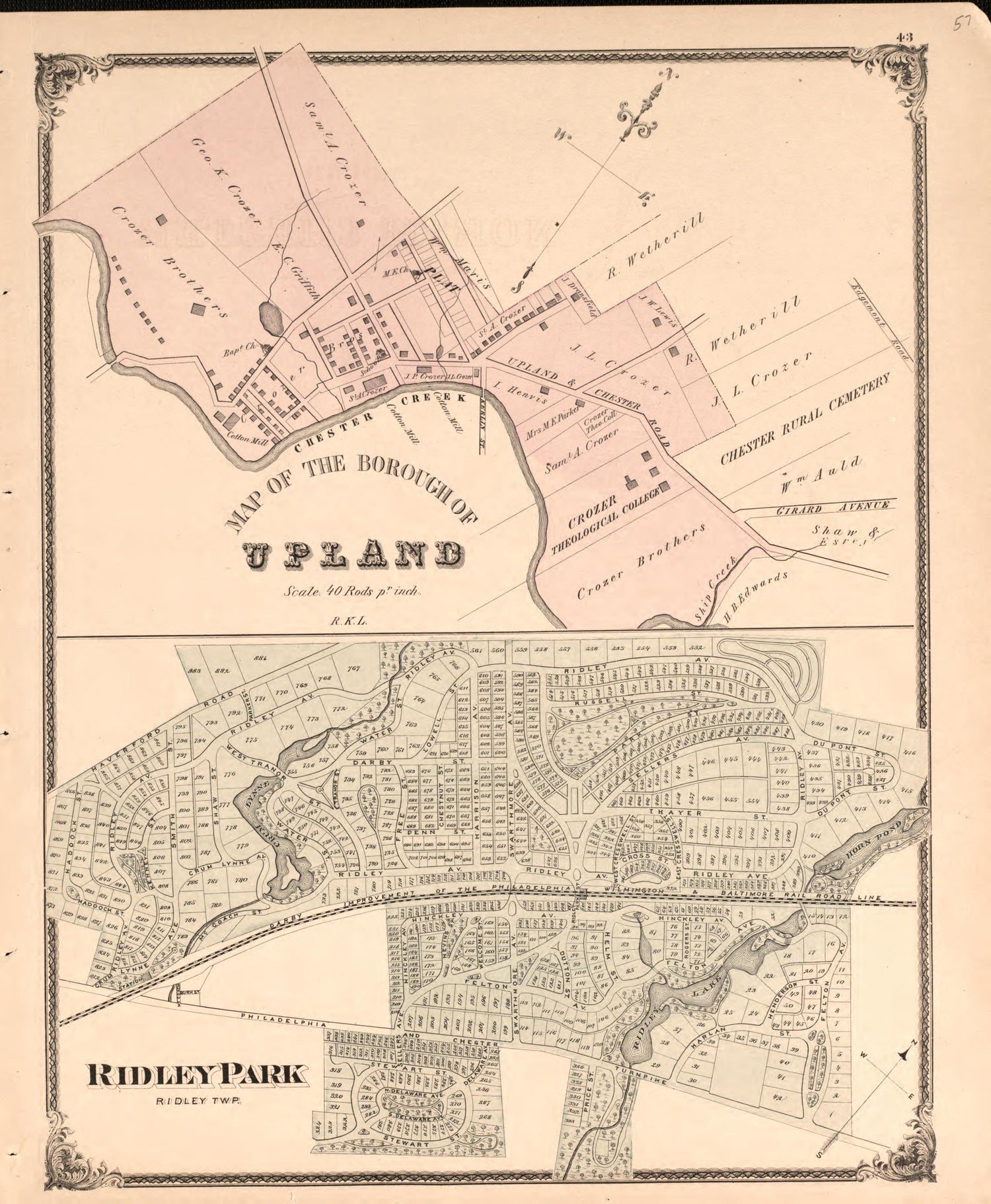 Upland/ Ridley from Combination Atlas Map of Delaware County, Pennsylvania 1875 by Relic Map Company