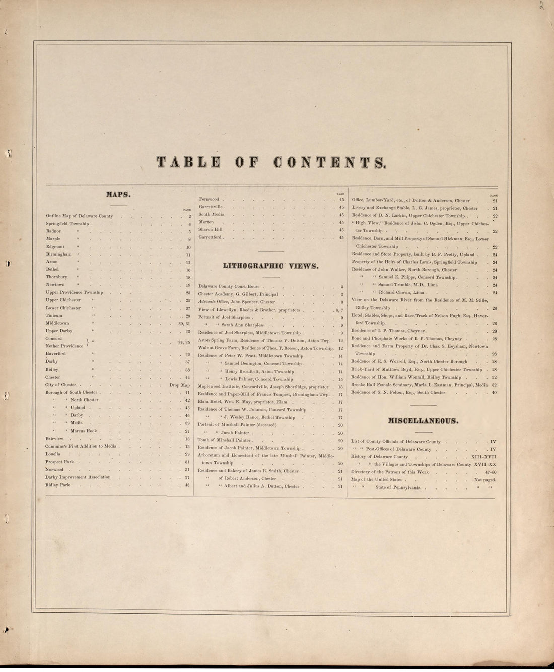 Names of County Officers/ List of Post Offices from Combination Atlas Map of Delaware County, Pennsylvania 1875 by Relic Map Company