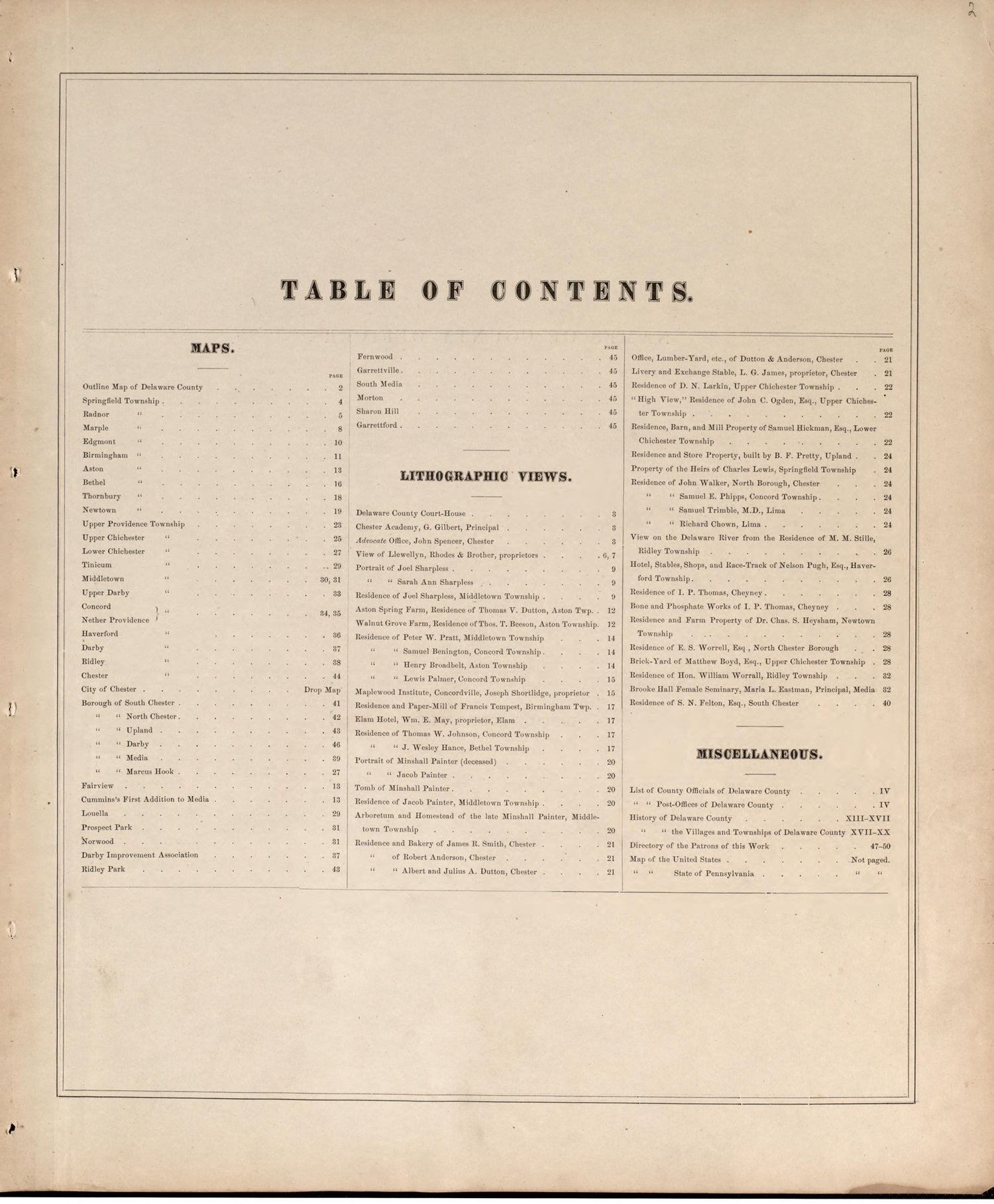 Names of County Officers/ List of Post Offices from Combination Atlas Map of Delaware County, Pennsylvania 1875 by Relic Map Company