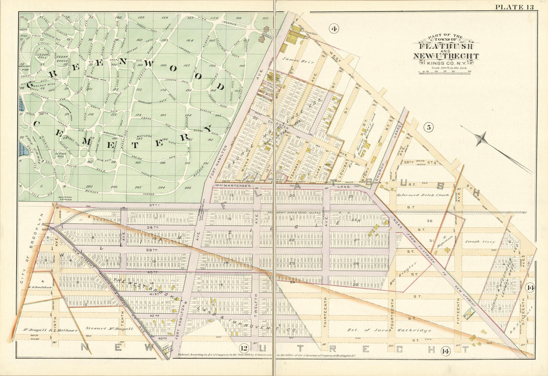 Plate 13 - Part of the Towns of Flatbush and New Utrecht, Kings County, N.Y. from Robinson&